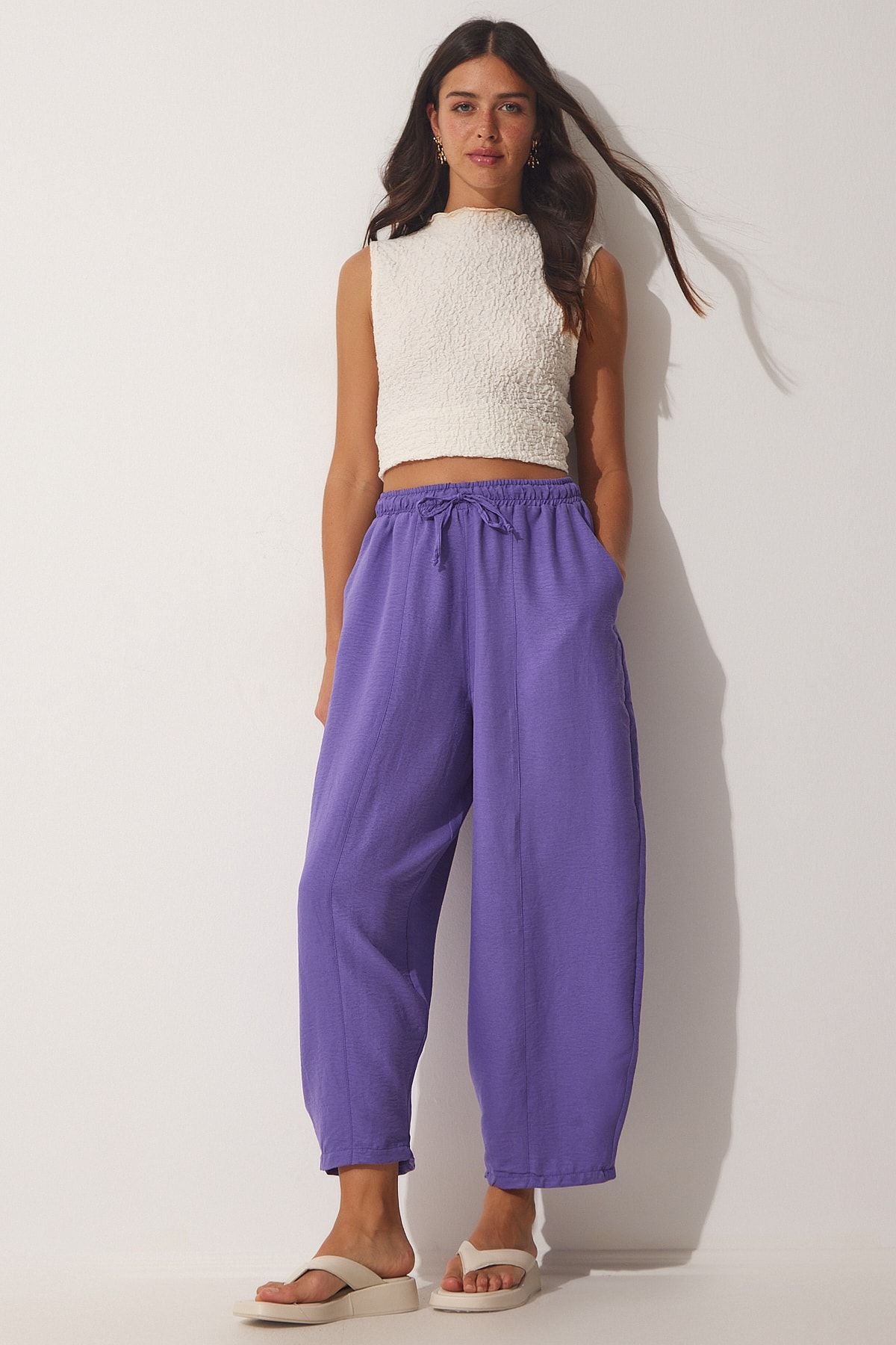Female Purple Pocket Linen Viscose Shalwar Pants CV00001