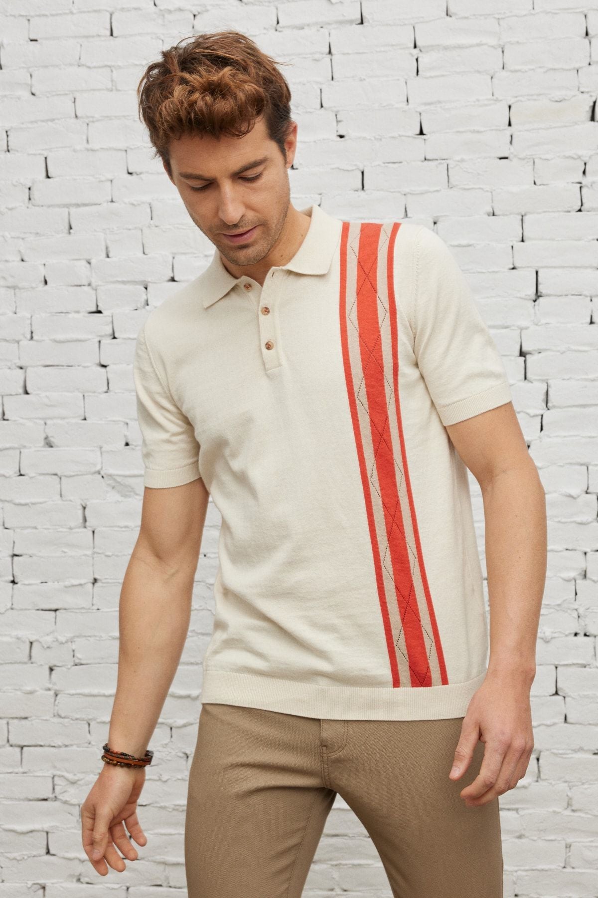 Men's Ekru Kıremıt Standard Fit Normal Cut Polo Yaka 100 %Cotton Patterned Triko T -shirt