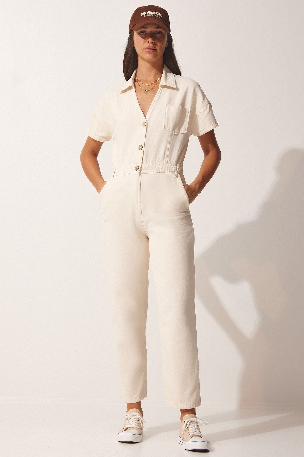 Women's cream polo collar denim tulum wf00044