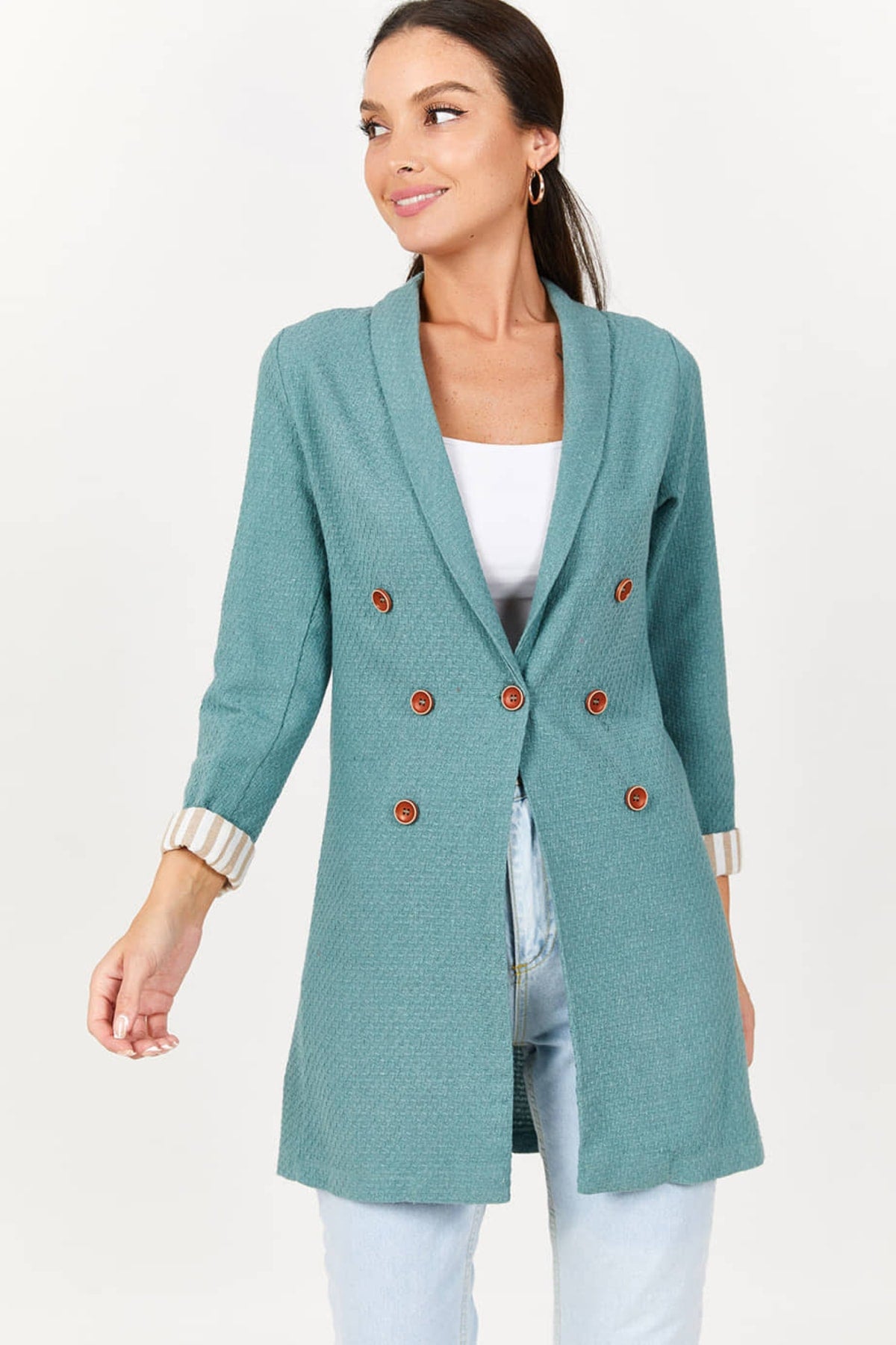 Women's Turquoise Long Sleeve Striped, Self-patterned Long Jacket ARM-22Y001090