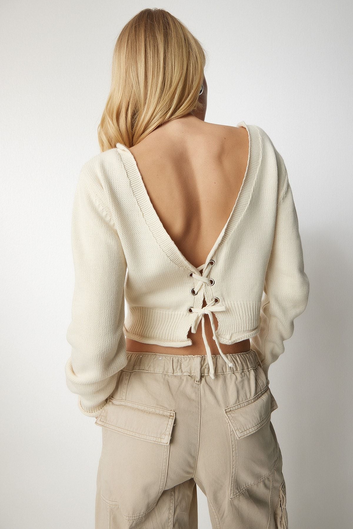 Women's Cream Ridle Open Crop Knitwear sweater PF00004