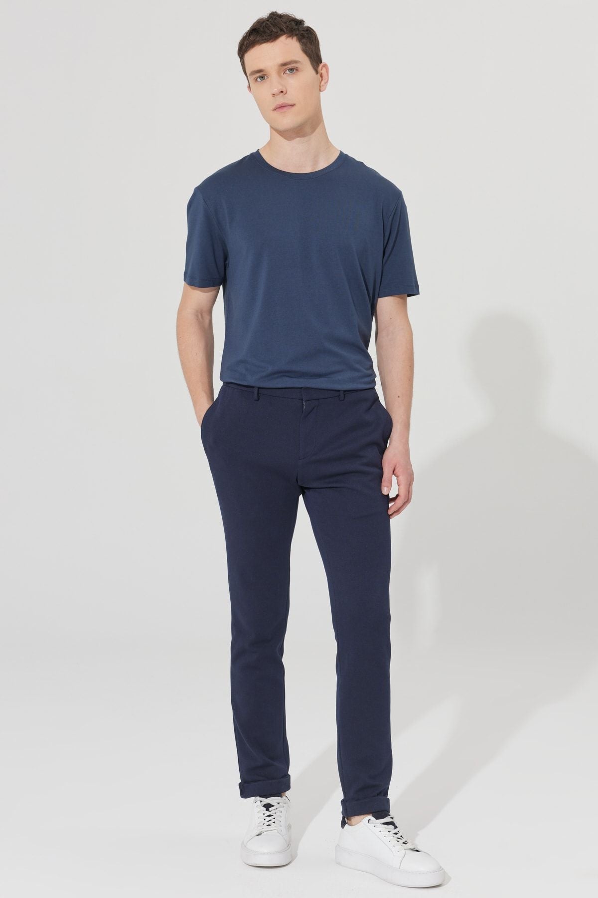 Men's navy blue slim fit narrow cut diagonal patterned flexible waist tied jogger pants