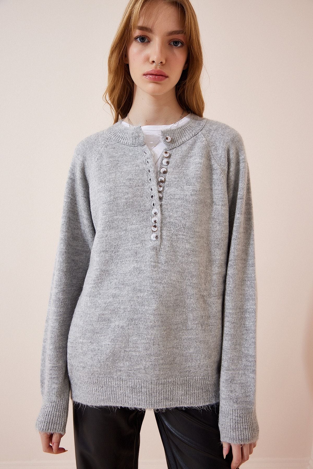 Woman Light Gray button collar knitwear sweater LX00040