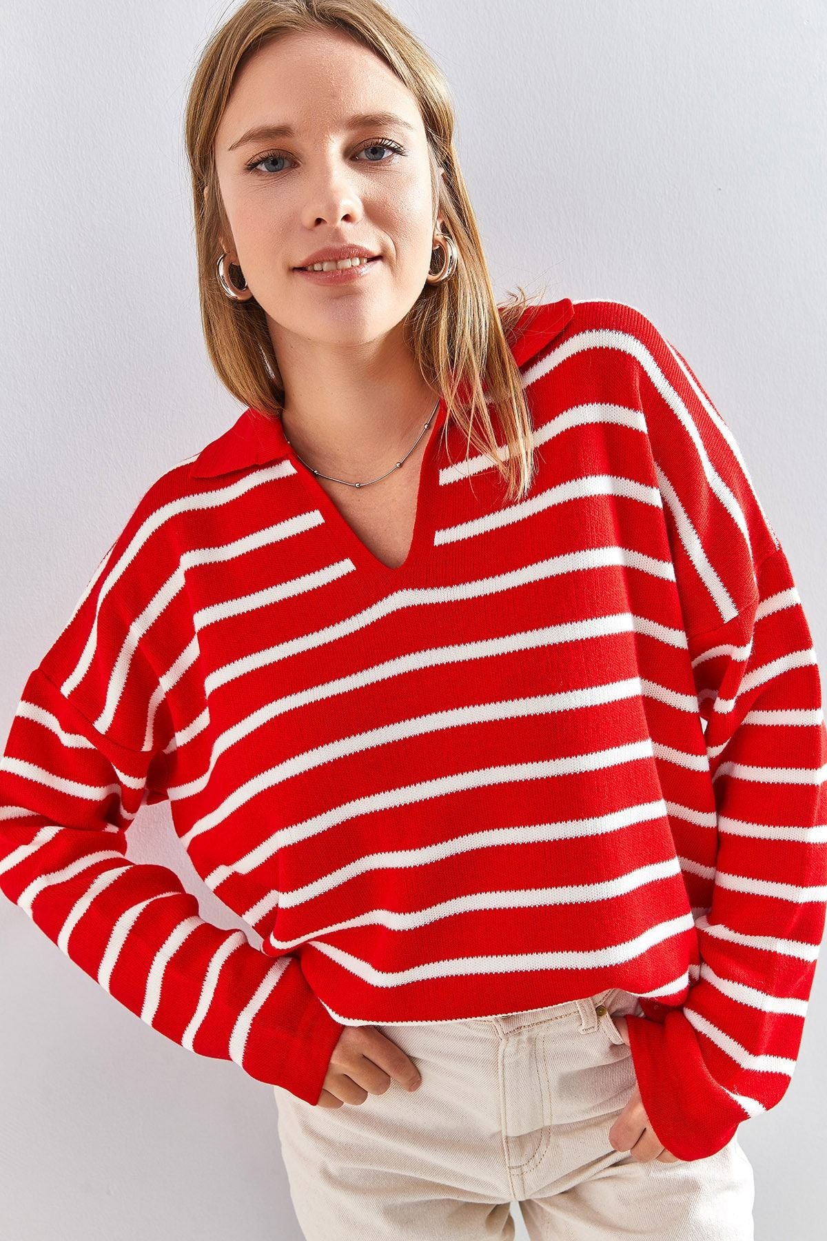 Woman Polo Yaka Striped Oversize Knitwear Sweater