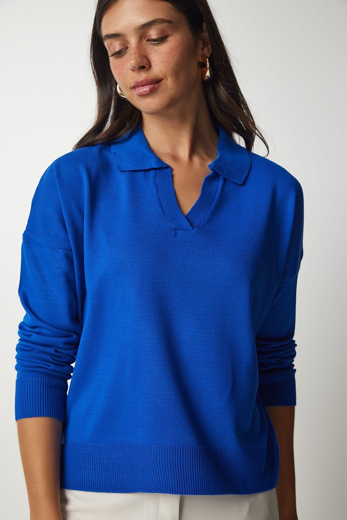 Woman Blue Polo Yaka Basic Kazakh BV00094