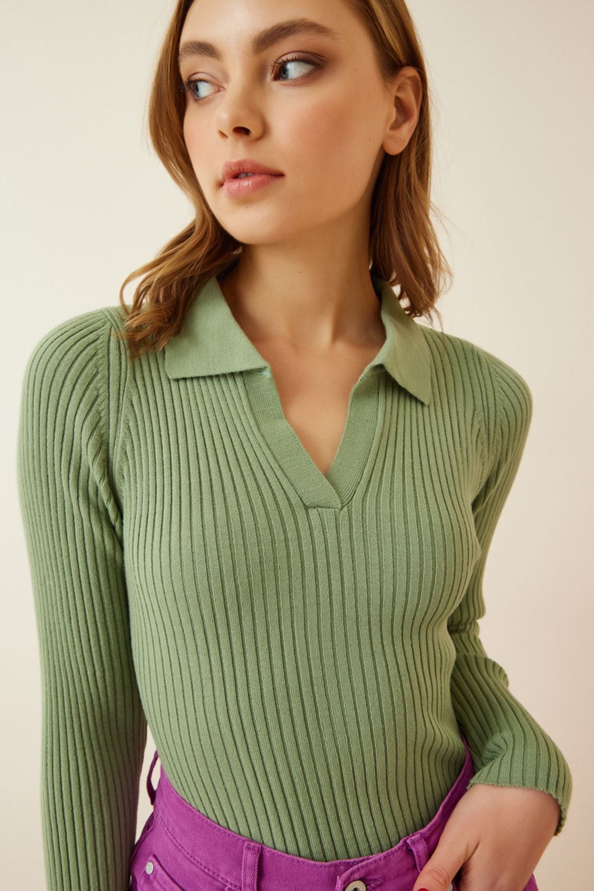 Women's Cagla Green Polo Yaka Various Crop Knitwear sweater VA00028