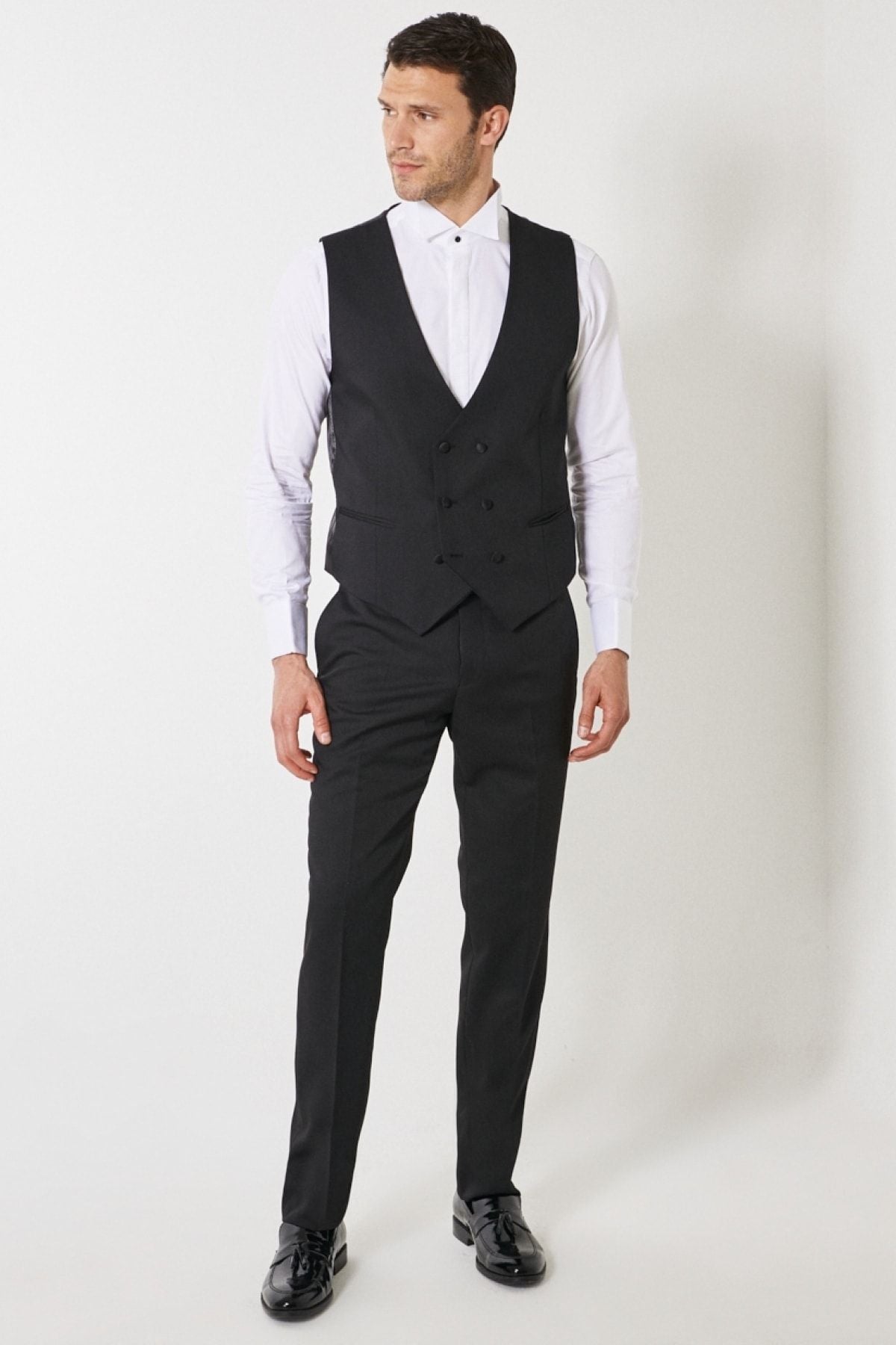 Men's Black Slim Fit Narrow Cut V -Neck Patternic Classic Vest