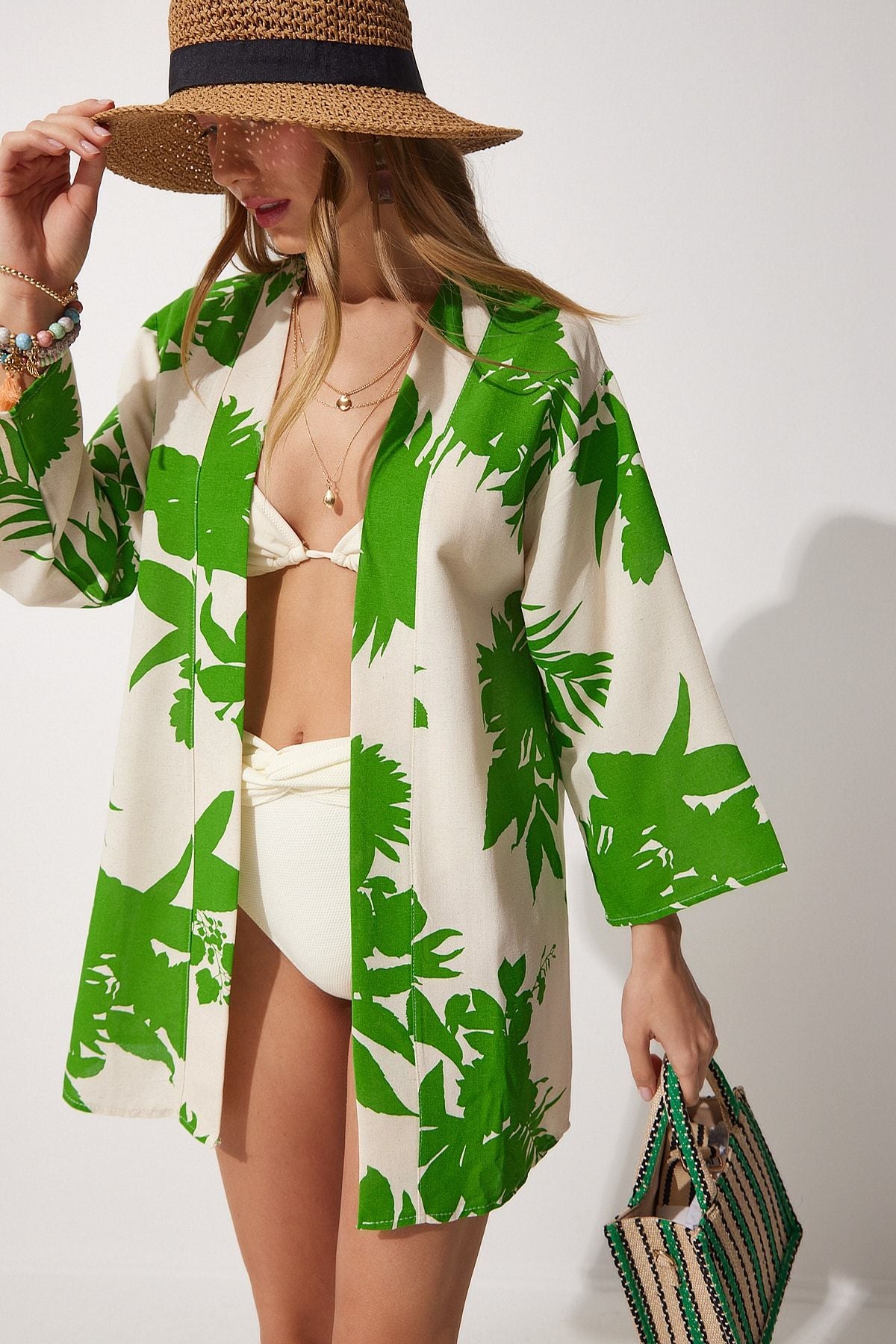 Female Beige Green Patterned Kimono BH00381