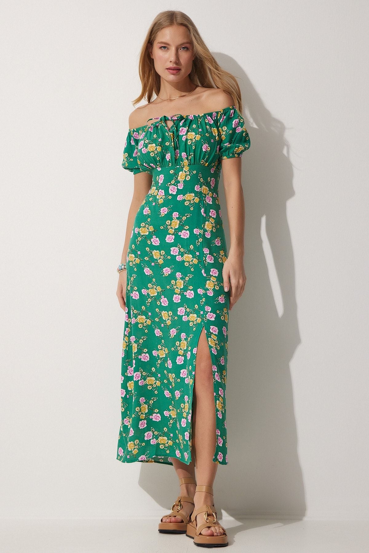 Female Green Flower Shirred Neck Summer Long Viscose Dress DK00143