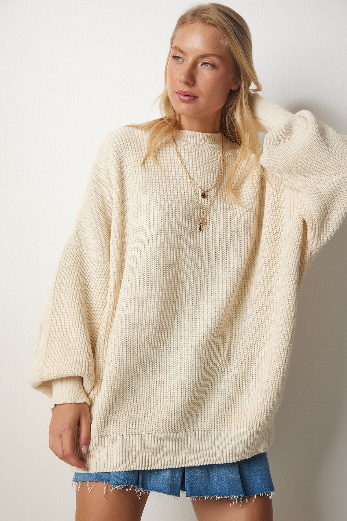 Women's Cream Oversize Basic Knitwear Sweater MX00126