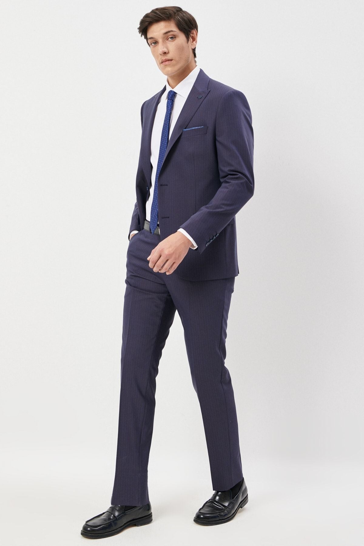 Men's navy blue slim fit narrow -cut swallow collar striped woolen suit