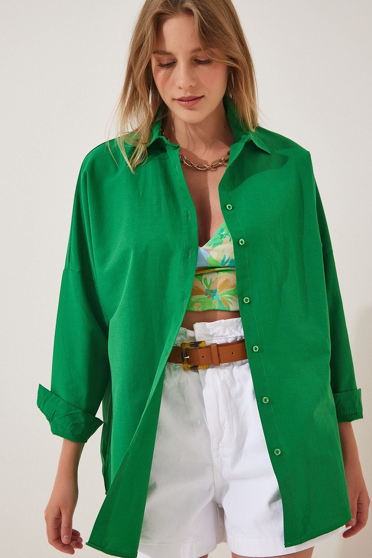 Woman Live Green Oversize Long Basic Shirt DD00842