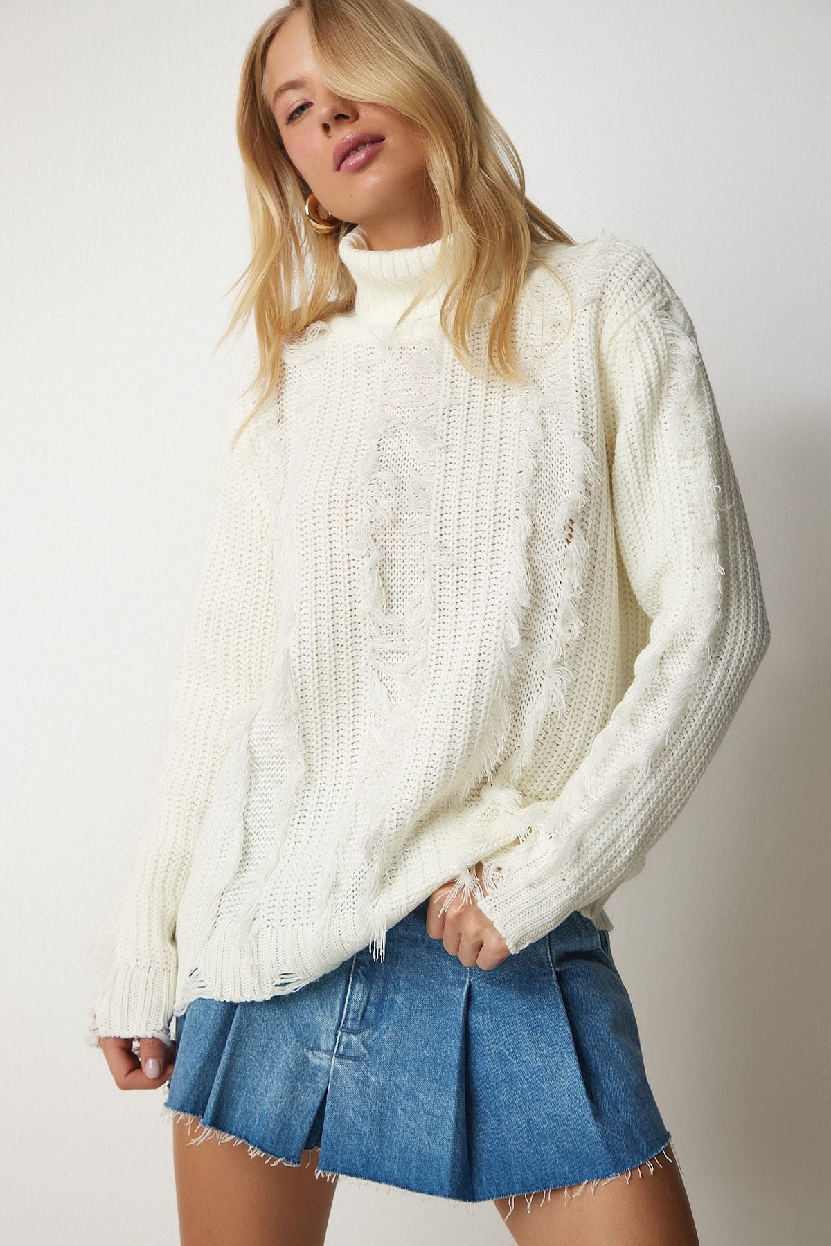 Women's Bone Tassel and Torn Detailed Knitwear Kazakh Ki00099
