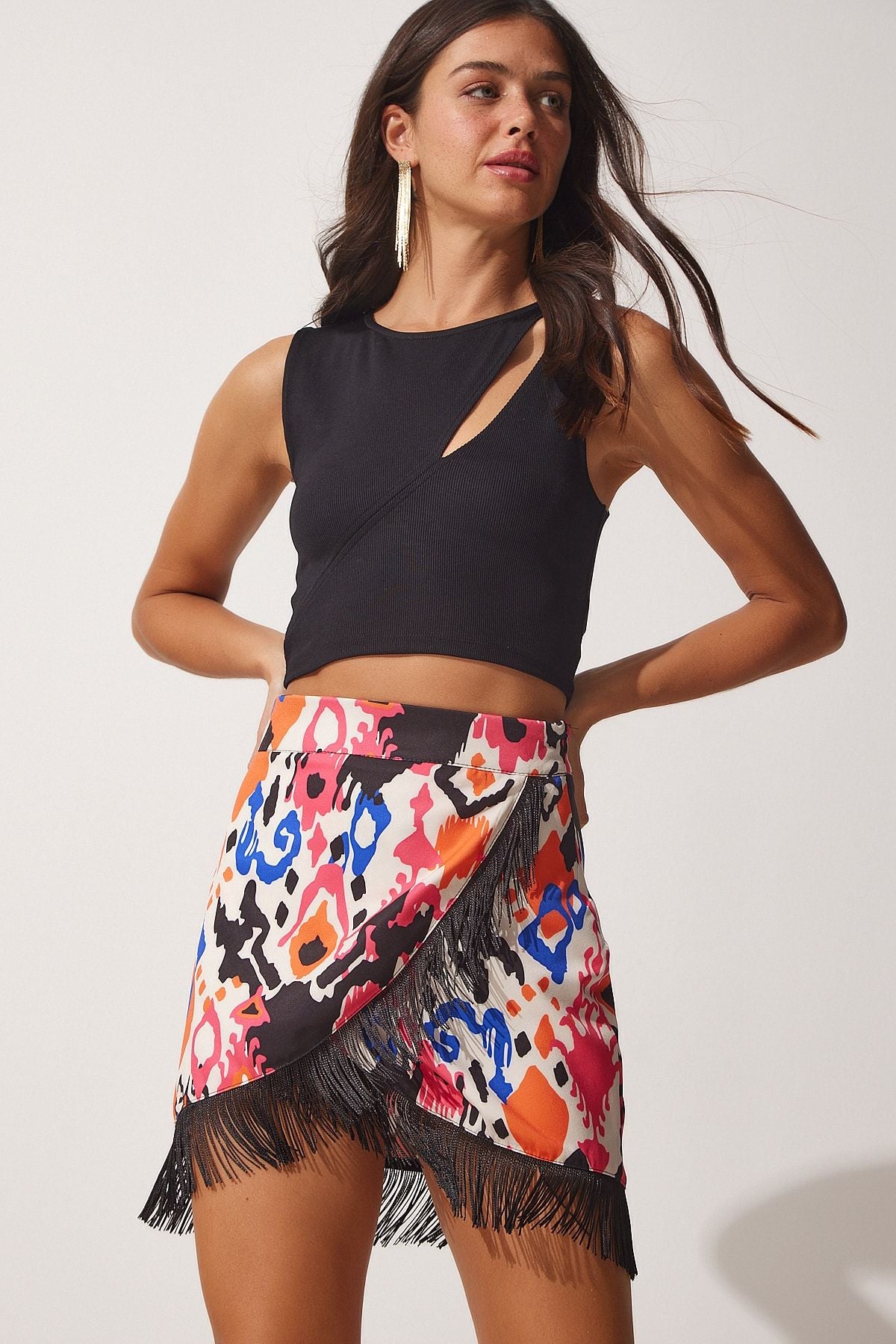 Woman White Pink Tassel and Patterned Anvelop Skirt On00045