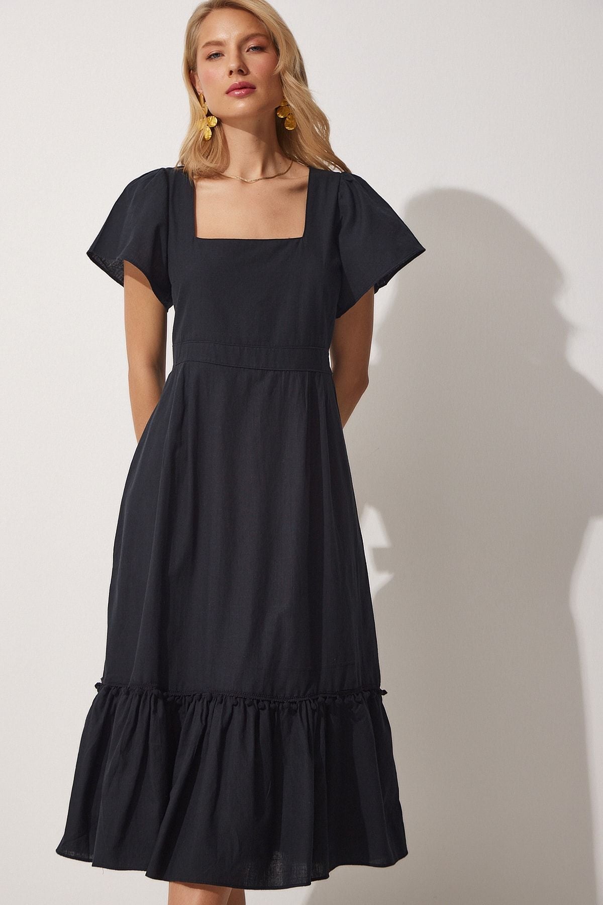 Female black square collar linen dress JH00046