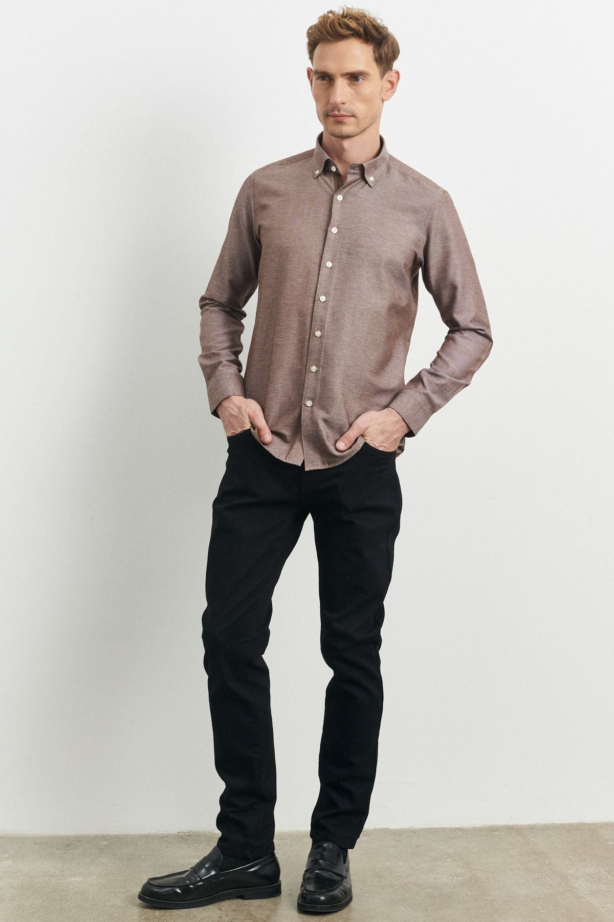 Men's mink slim fit narrow cut cotton hidden buttoned collar long sleeve oxford shirt