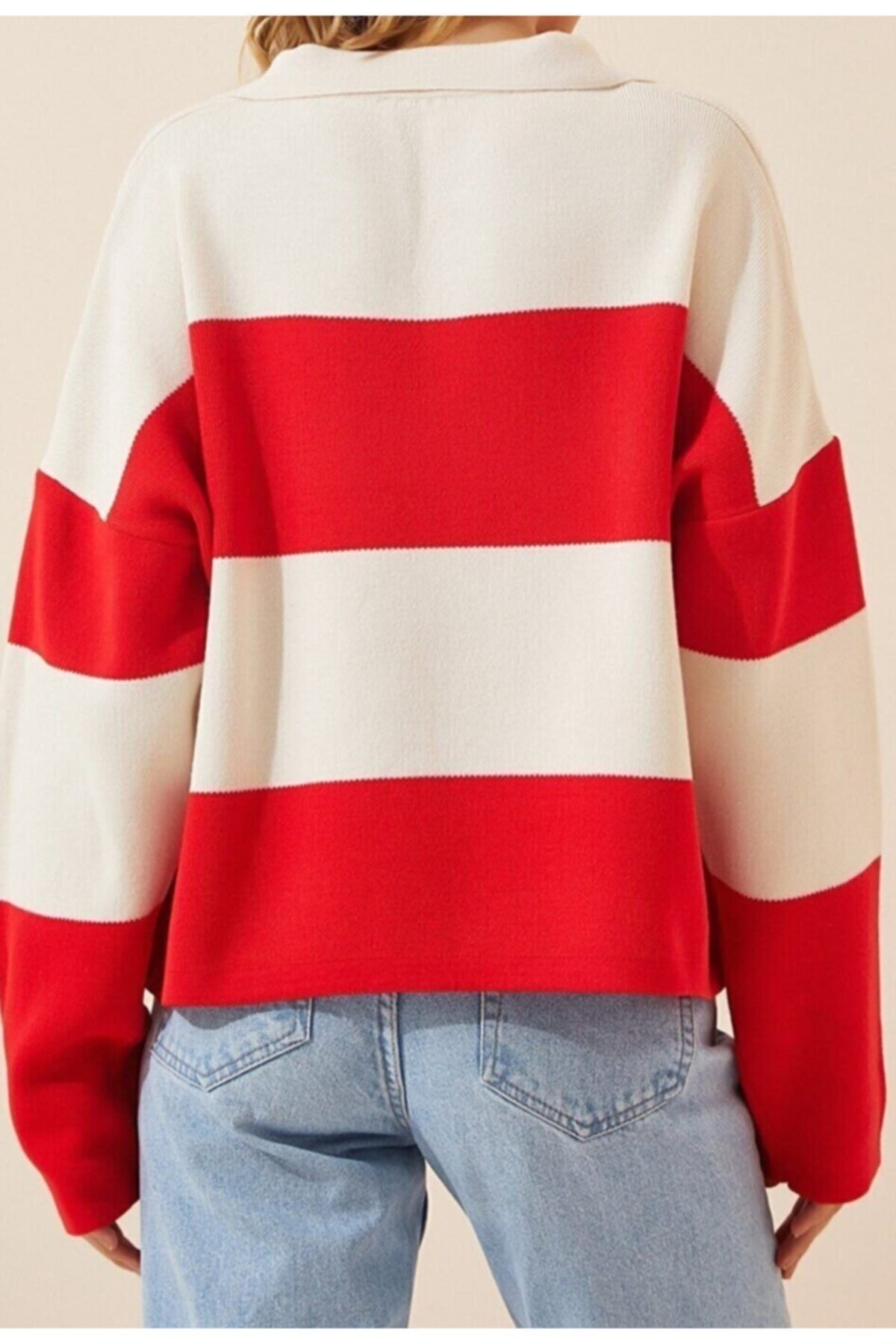 Woman Red White Polo Yaka Oversize Crop Knitwear sweater US00685