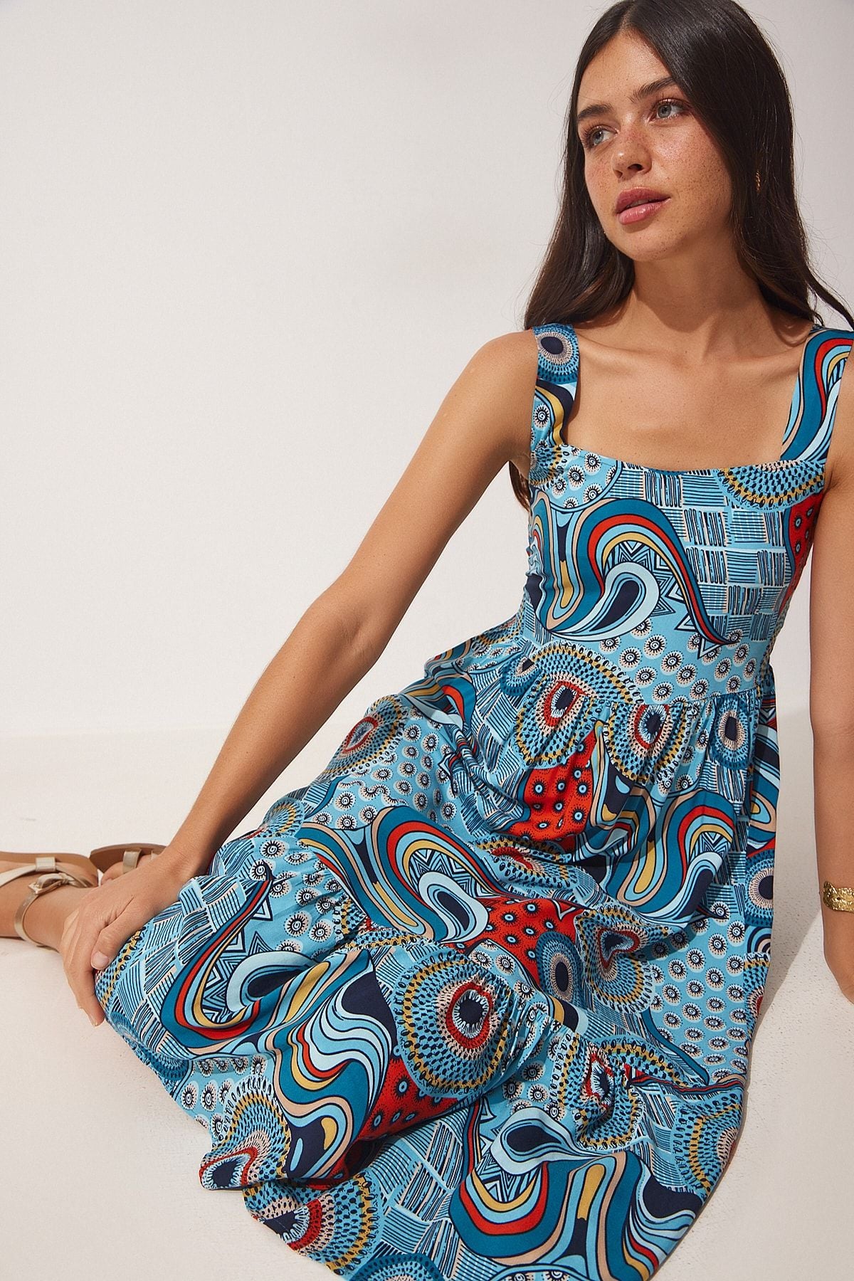 Women's Blue Flower Square Yol Summer Viscose Dress DD01189
