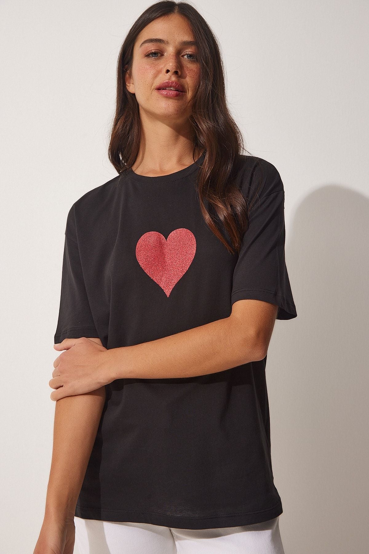 Woman Black Luminous Heart Printed Oversize knitting T-shirt Dr00077