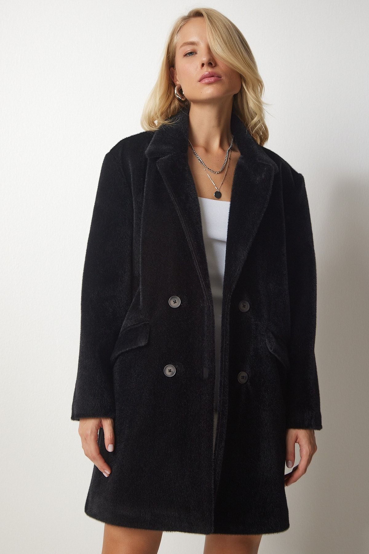 Female black rabbit feather -looking oversize coat MX00105