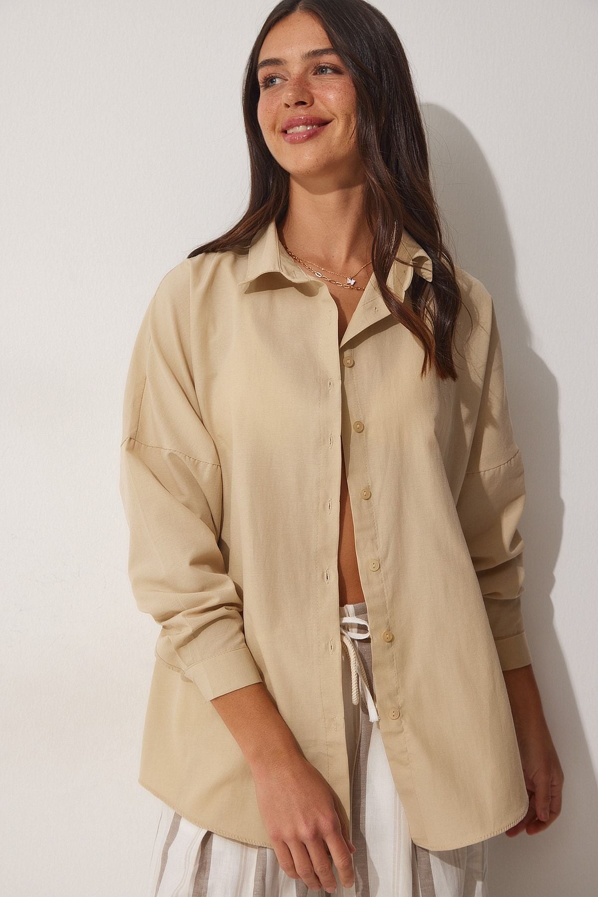 Woman Dark Cream Oversize Long Basic Shirt DD00842