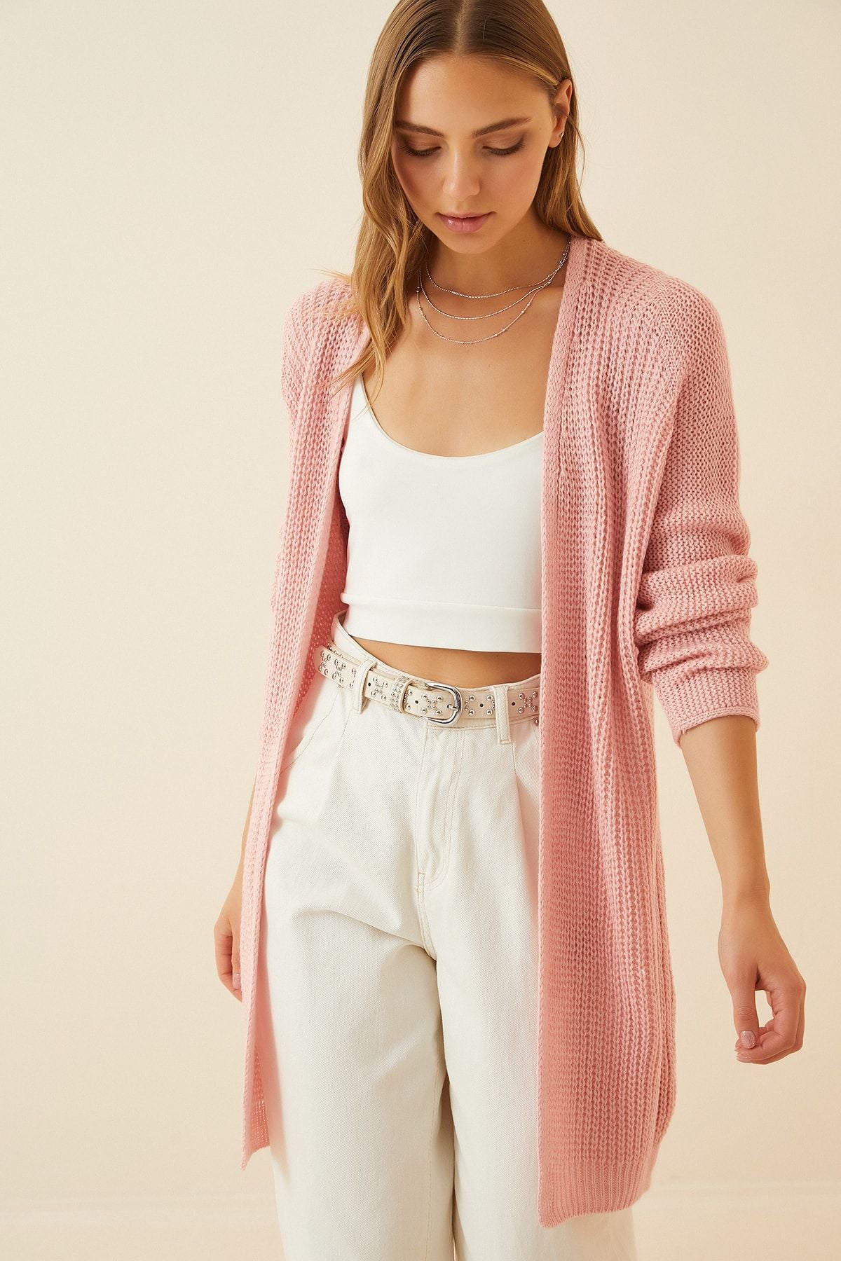 Woman Pink Thessaloniki Knitting Basic Knitwear Cardigan YG00095