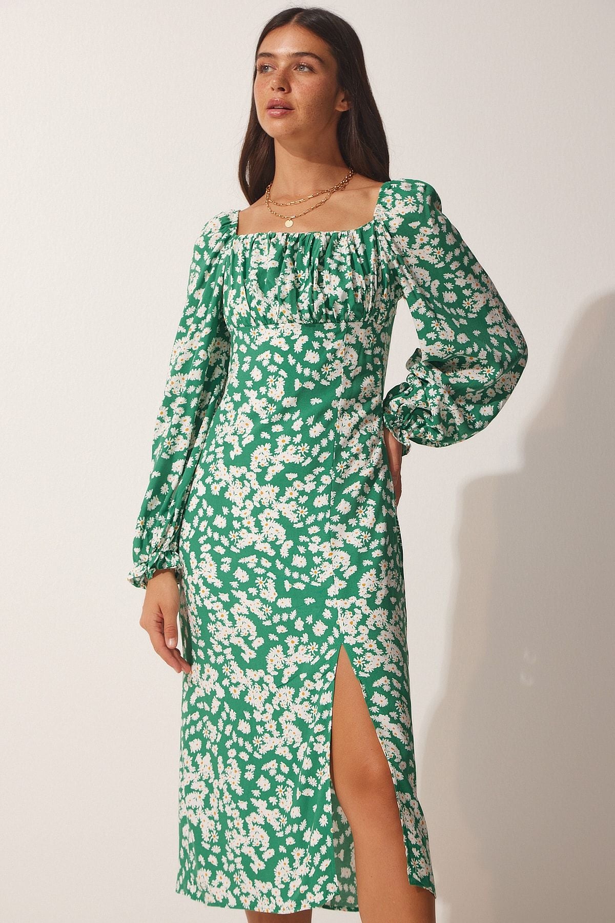 Female green patterned viscose weaving dress FN03073