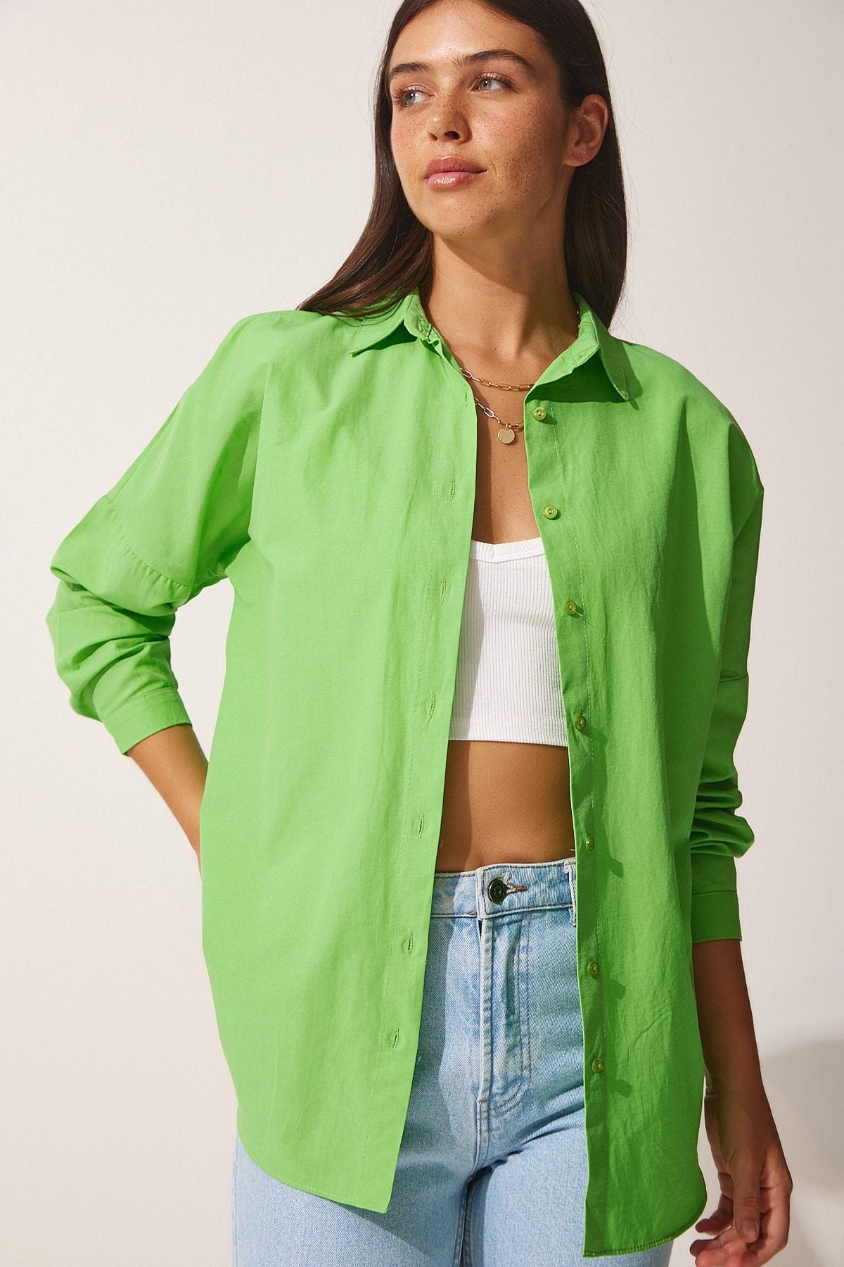 Woman Middle Green Oversize Long Basic Shirt DD00842