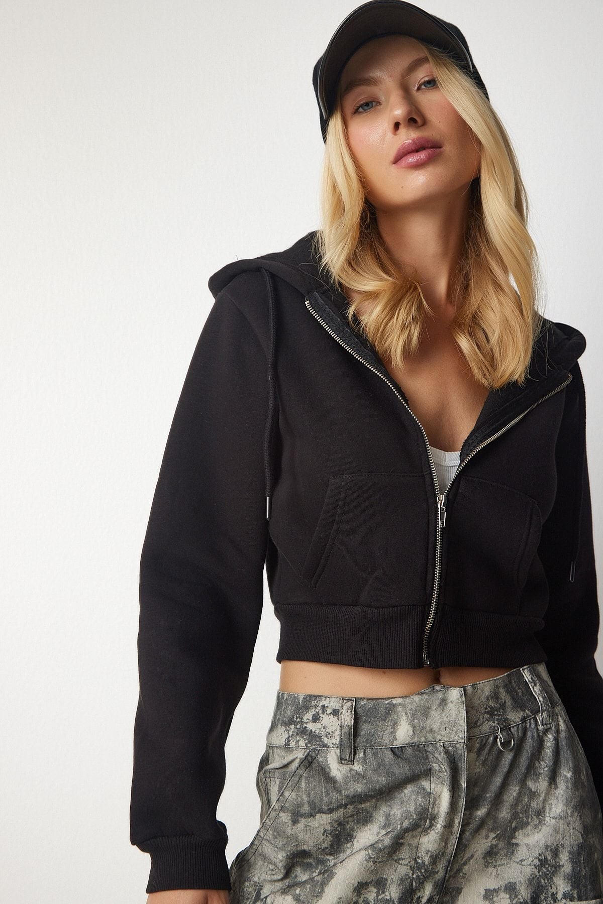 Female Black Hoped Zipper Crop Sweatshirt UB00136