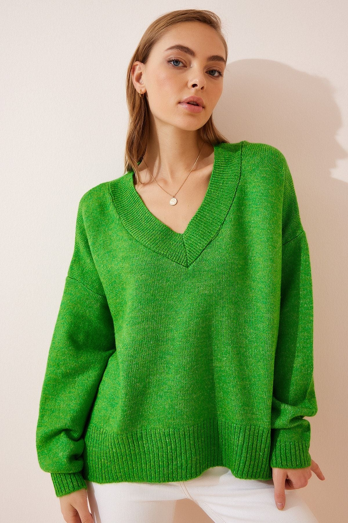 Woman Light Green V -Yaka Oversize Knitwear Kazakh BV00003