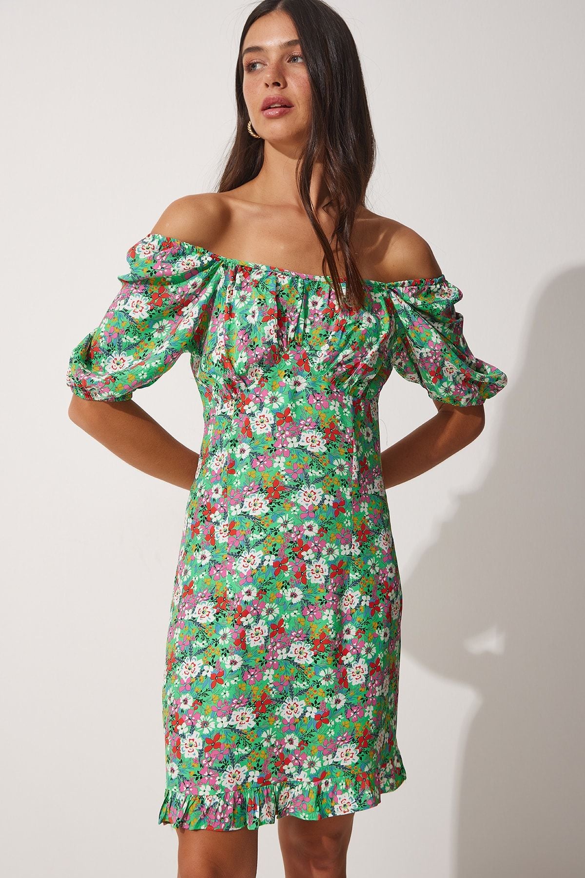 Female Green Carmen Yaka Floral Balloon Sleeve Summer Dress to00063
