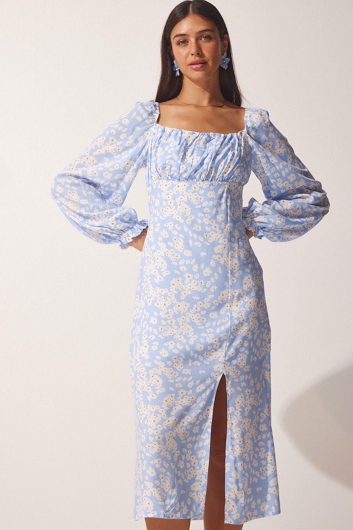 Woman Light Blue Patterned viscose weaving dress FN03073