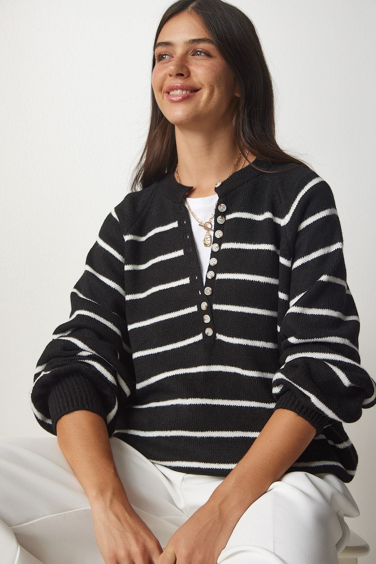 Female black button collar striped knitwear sweater LX00040