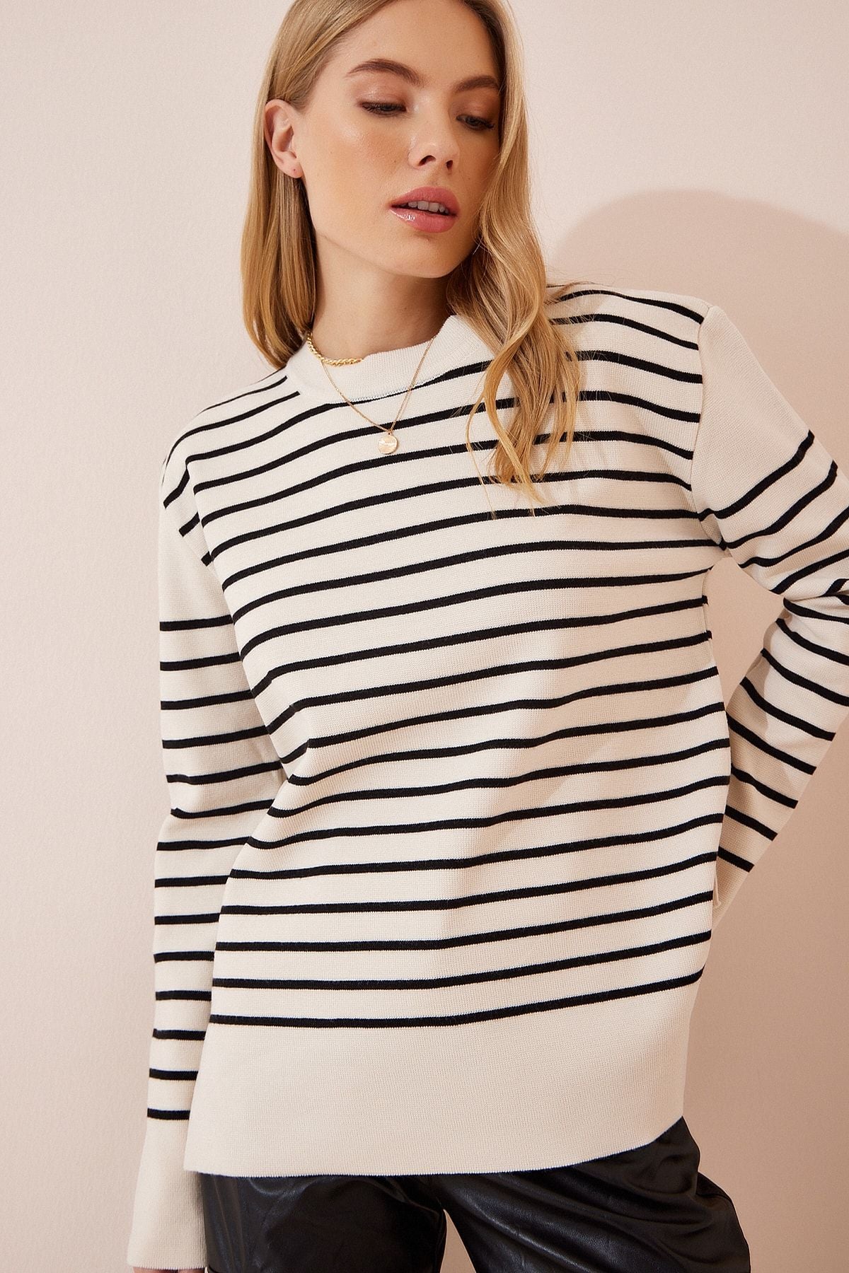 Woman Dark Cream striped thick knitwear sweater FN02976