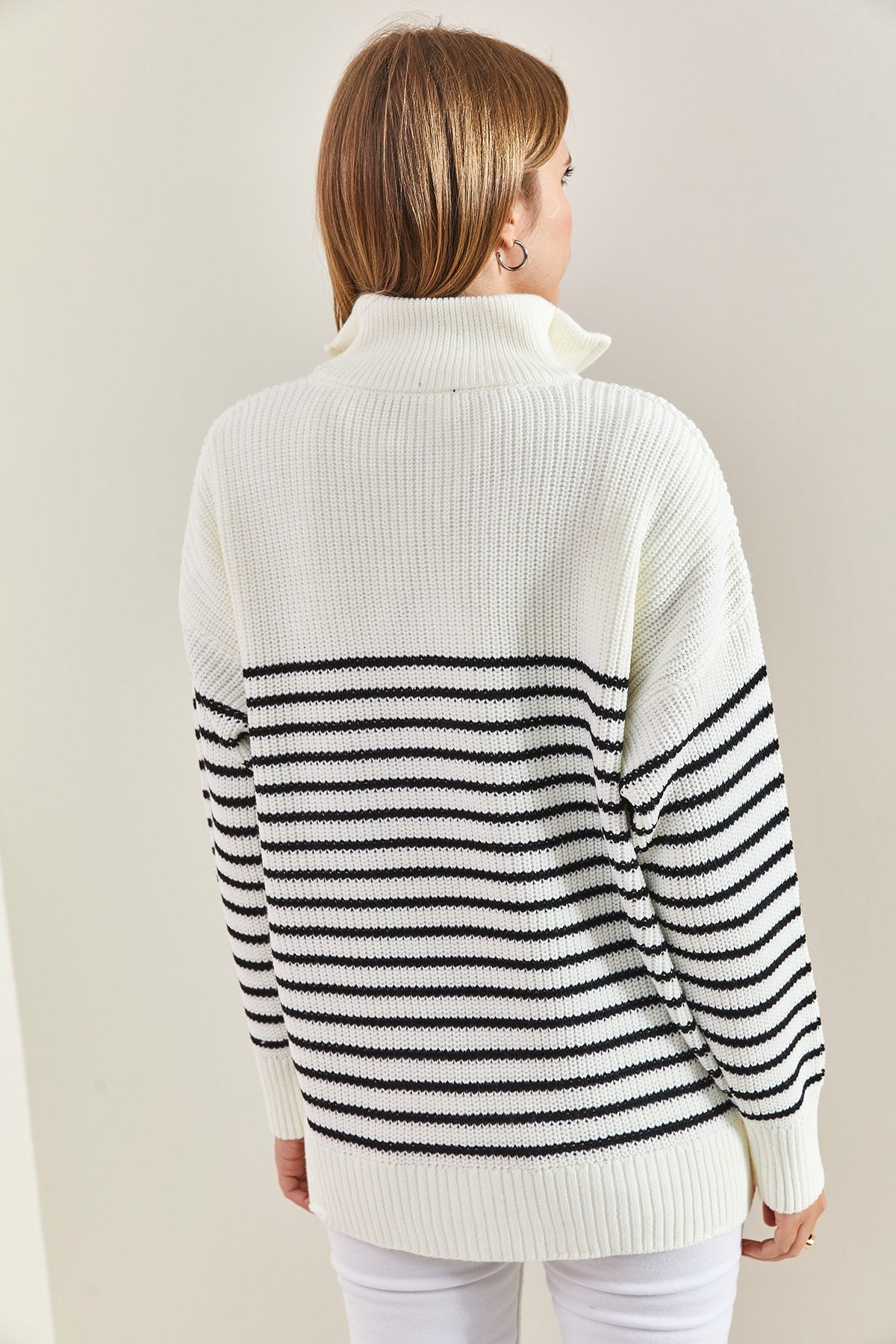 Women's Turtleneck Zippered Six Striped Knitwear Sweater 20223267