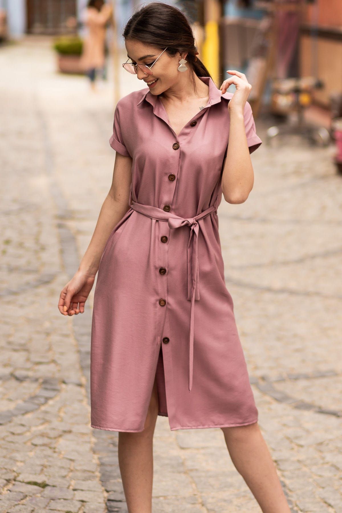 WOMEN'S ROSE DRY WALL Belt Short Sleeve Shirt Dress ARM-19Y001068