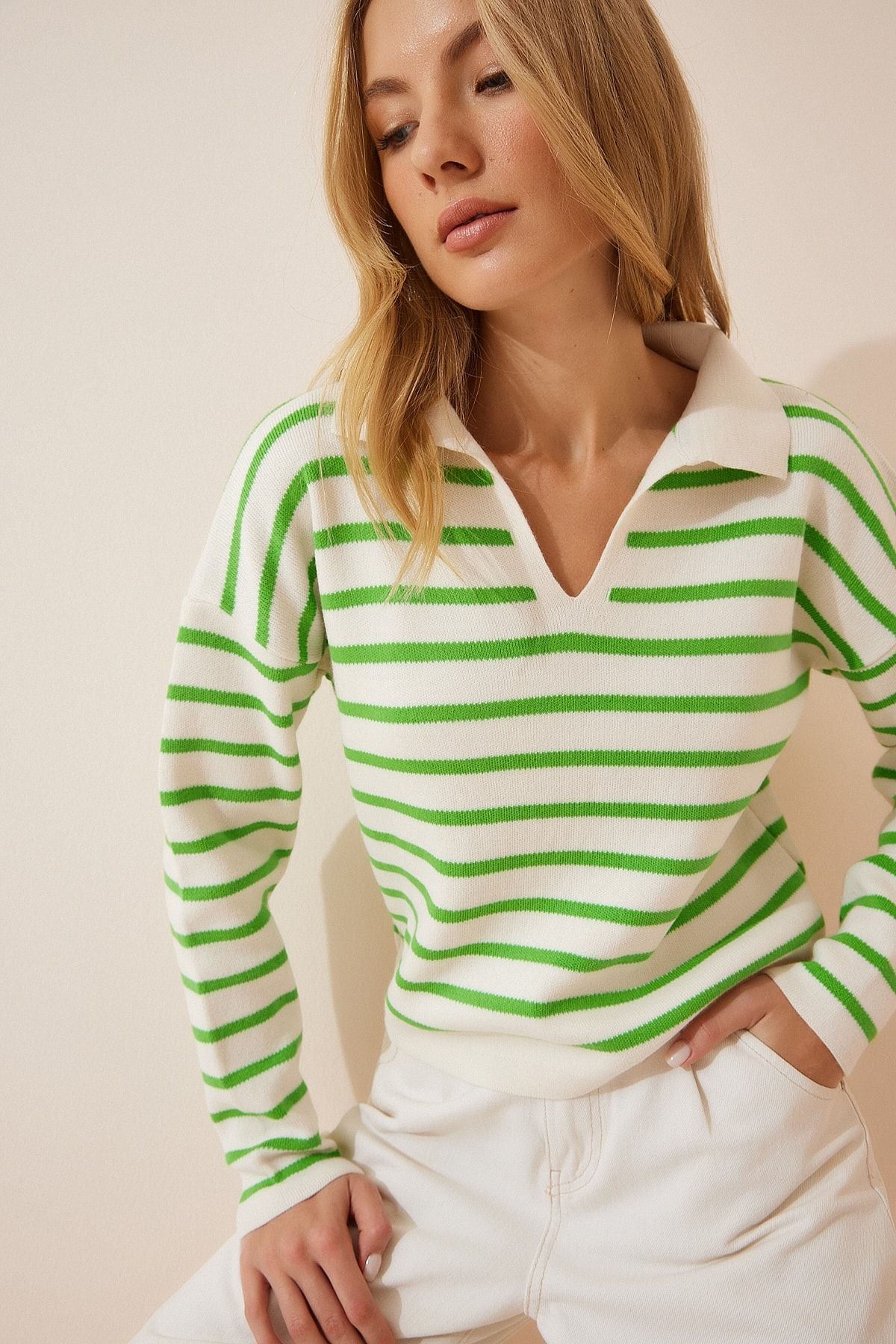 Female Green Bone Polo Yaka Crop Knitwear sweater US00293