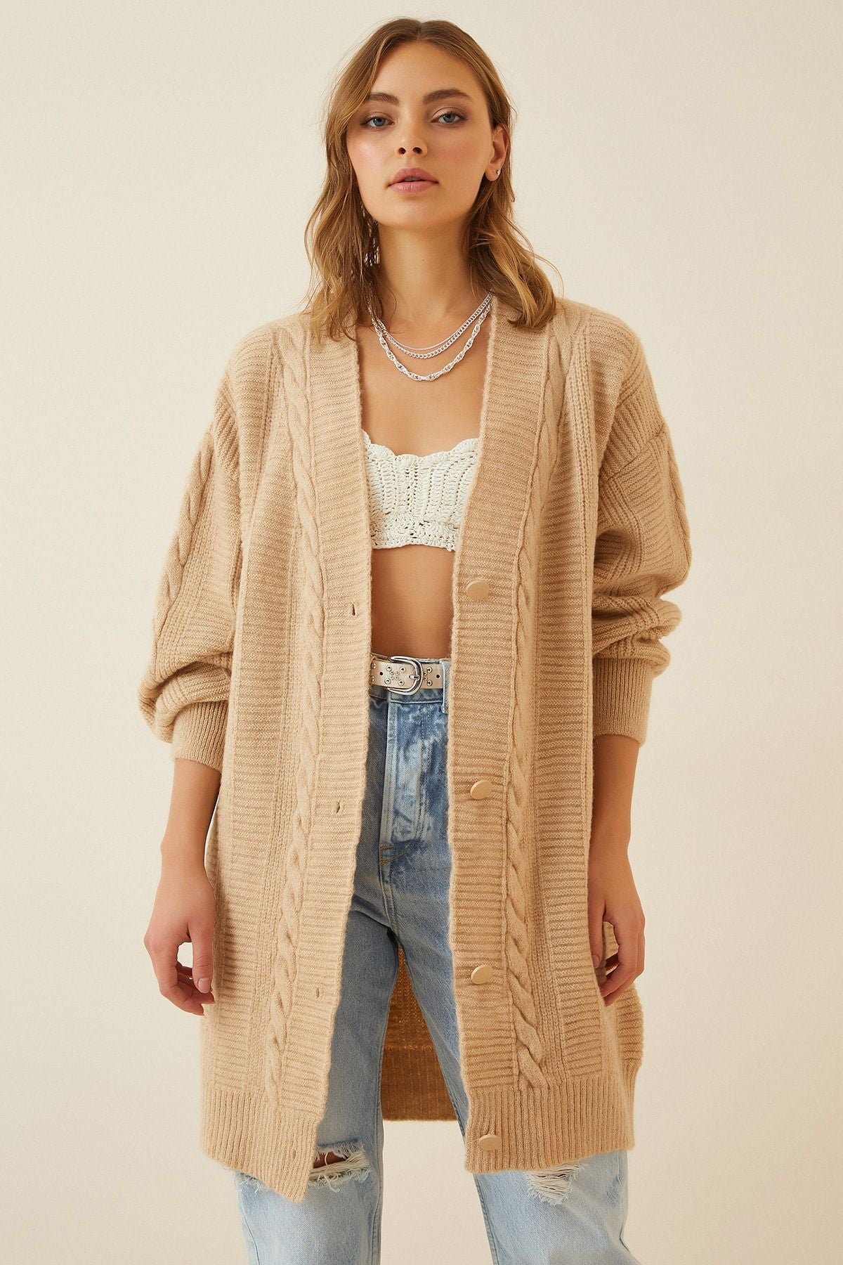Women's Cream Balloon Sleeve Oversize knitwear cardigan DD01034