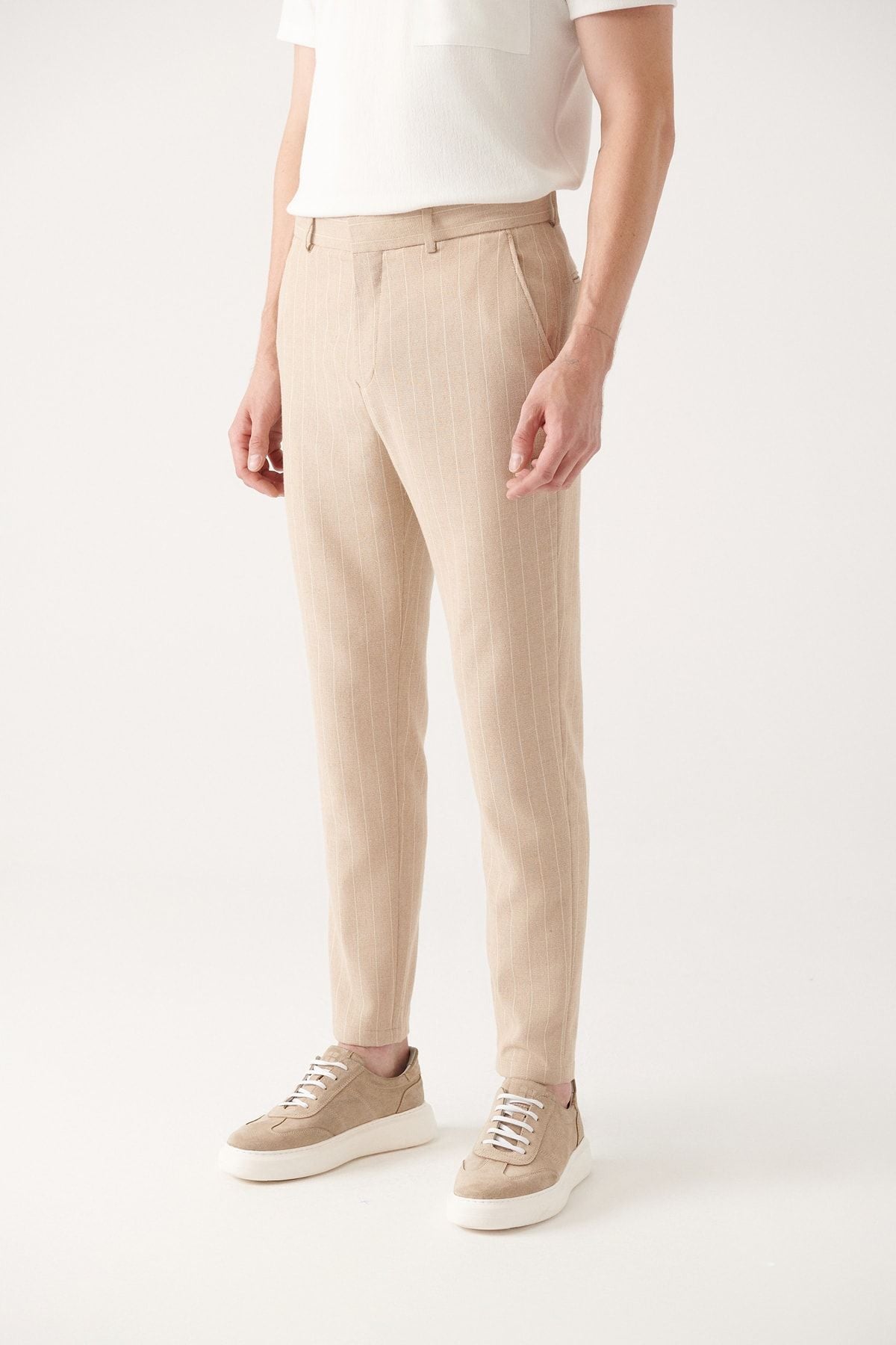 Men's Beige Linen textured side -pocket striped pants A31y322222