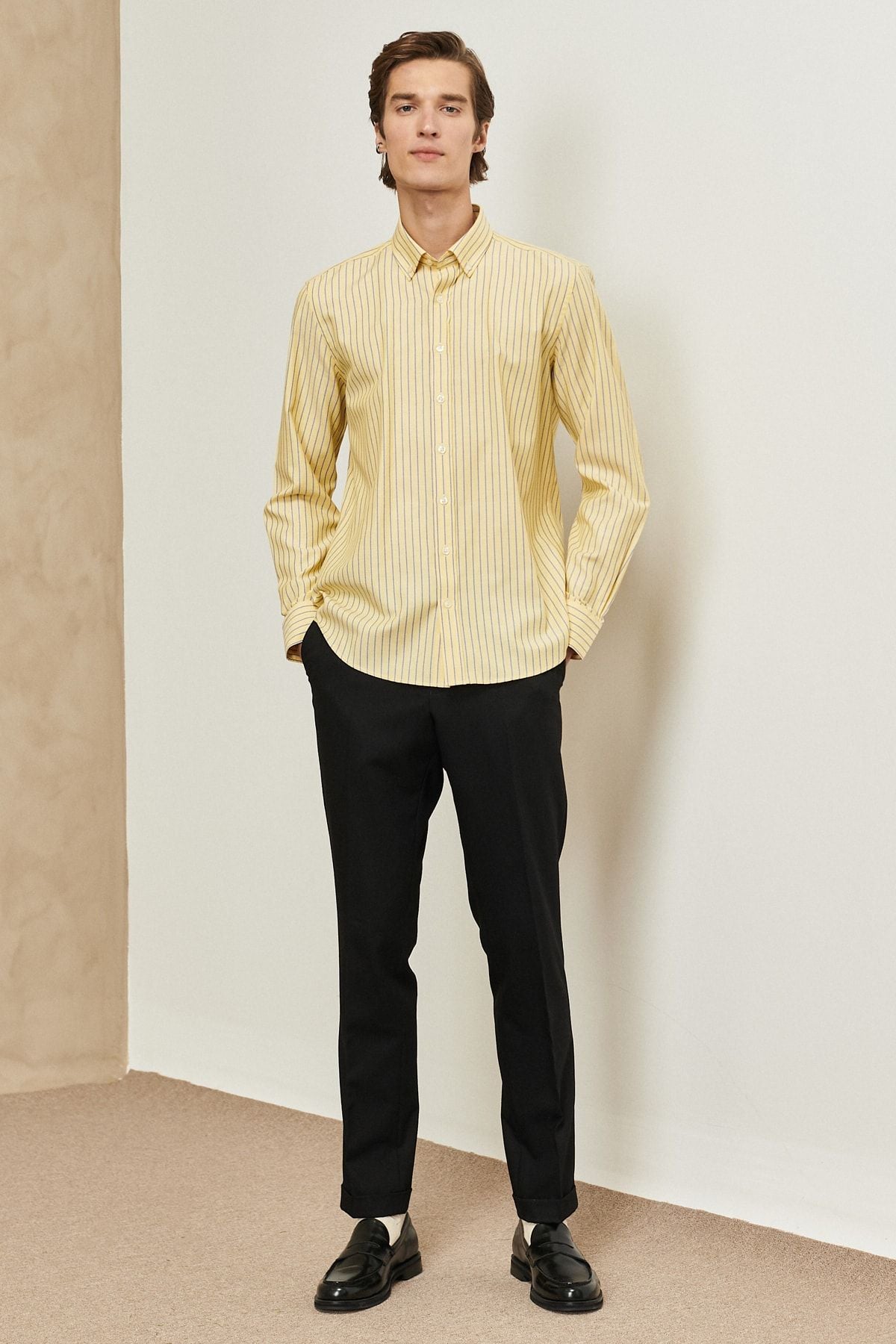 Men's Yellow-Lacivert Slim Fit Narrow Cutting Buttoned Neckline Shirt