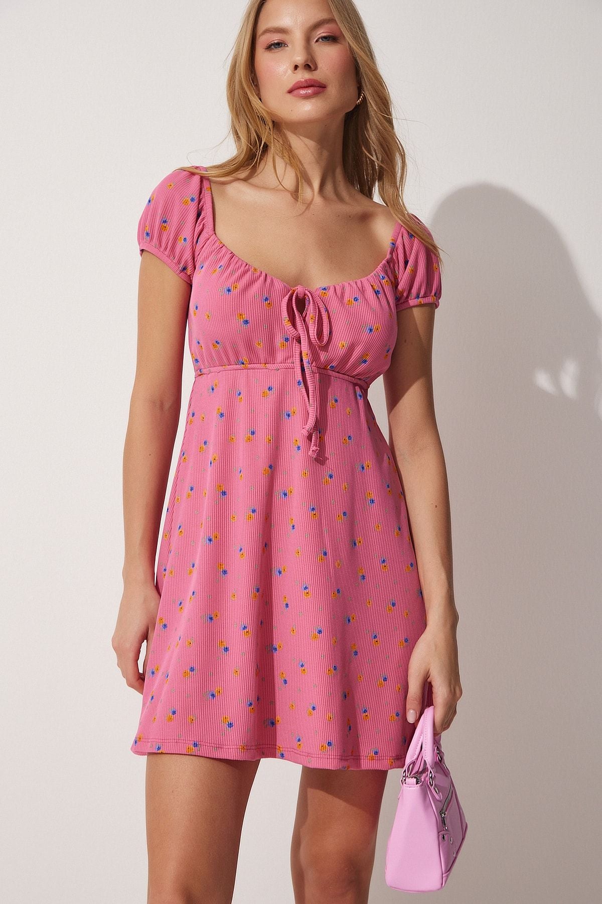 Flowering Carmen Yaka Summer Summer Mini Knitting Dress