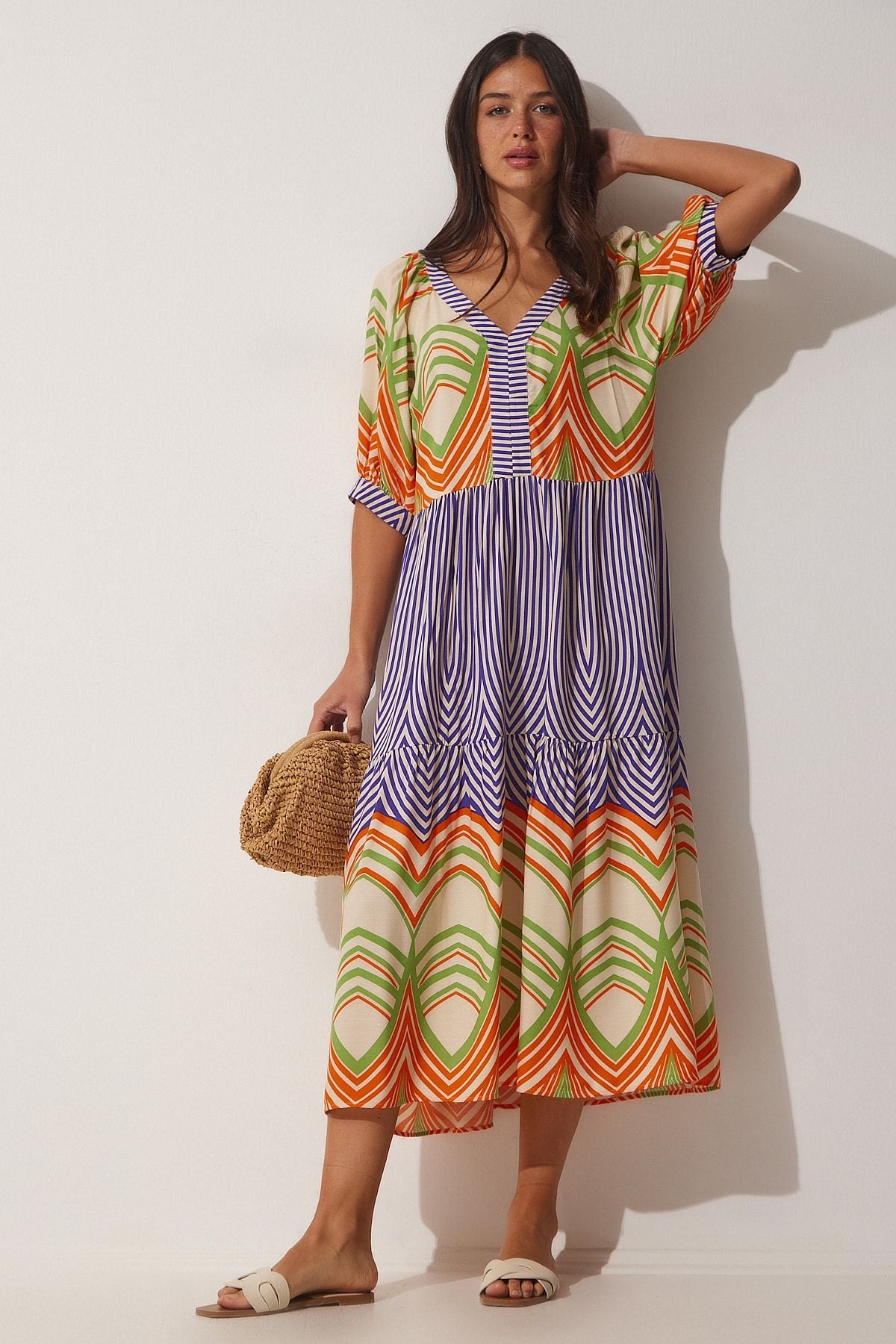 Female Green Orange Patterned V -Neck Summer Viscose Dress DD01215