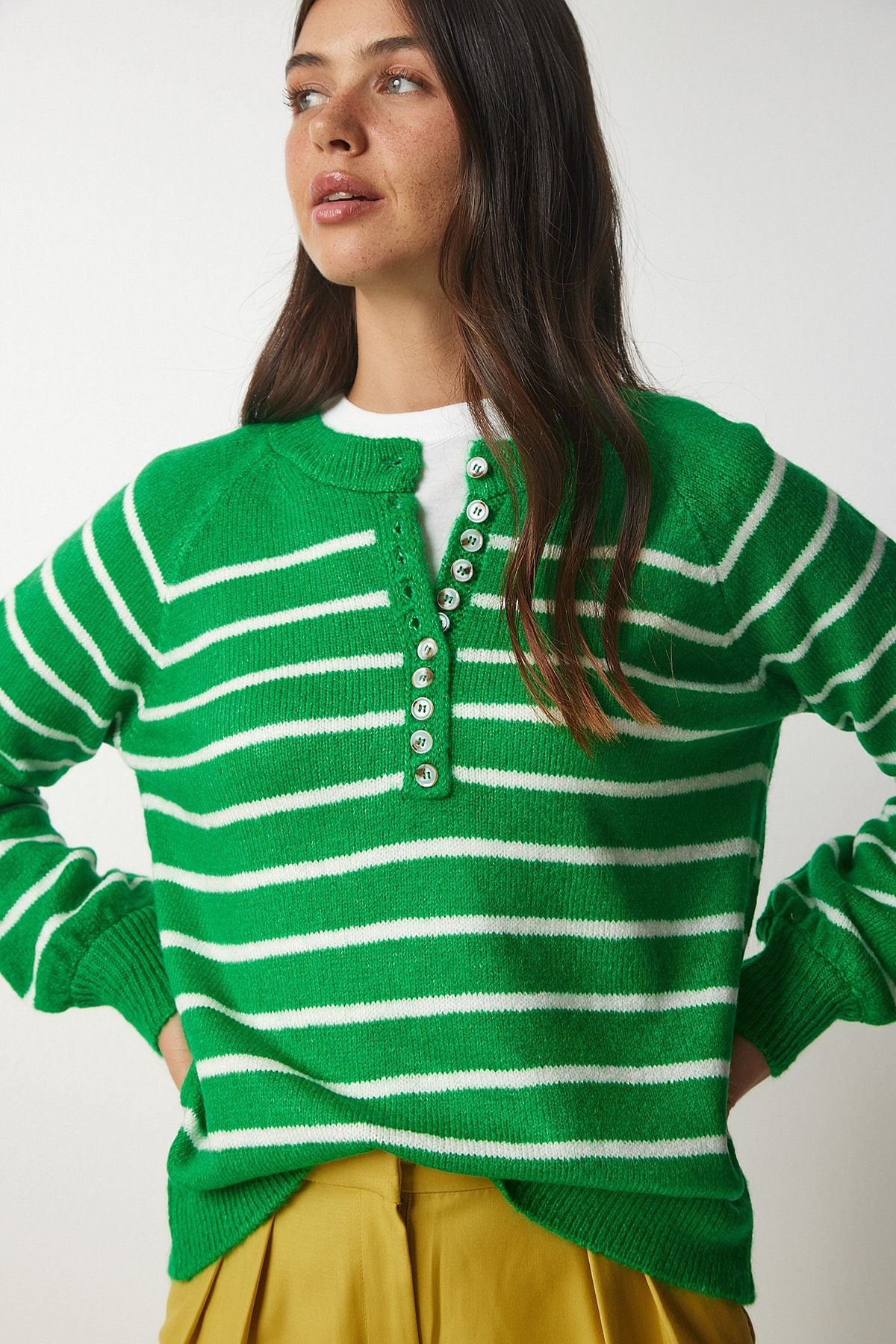 WOMEN'S LIVE GREEN BUTTING YOKA striped knitwear sweater LX00040