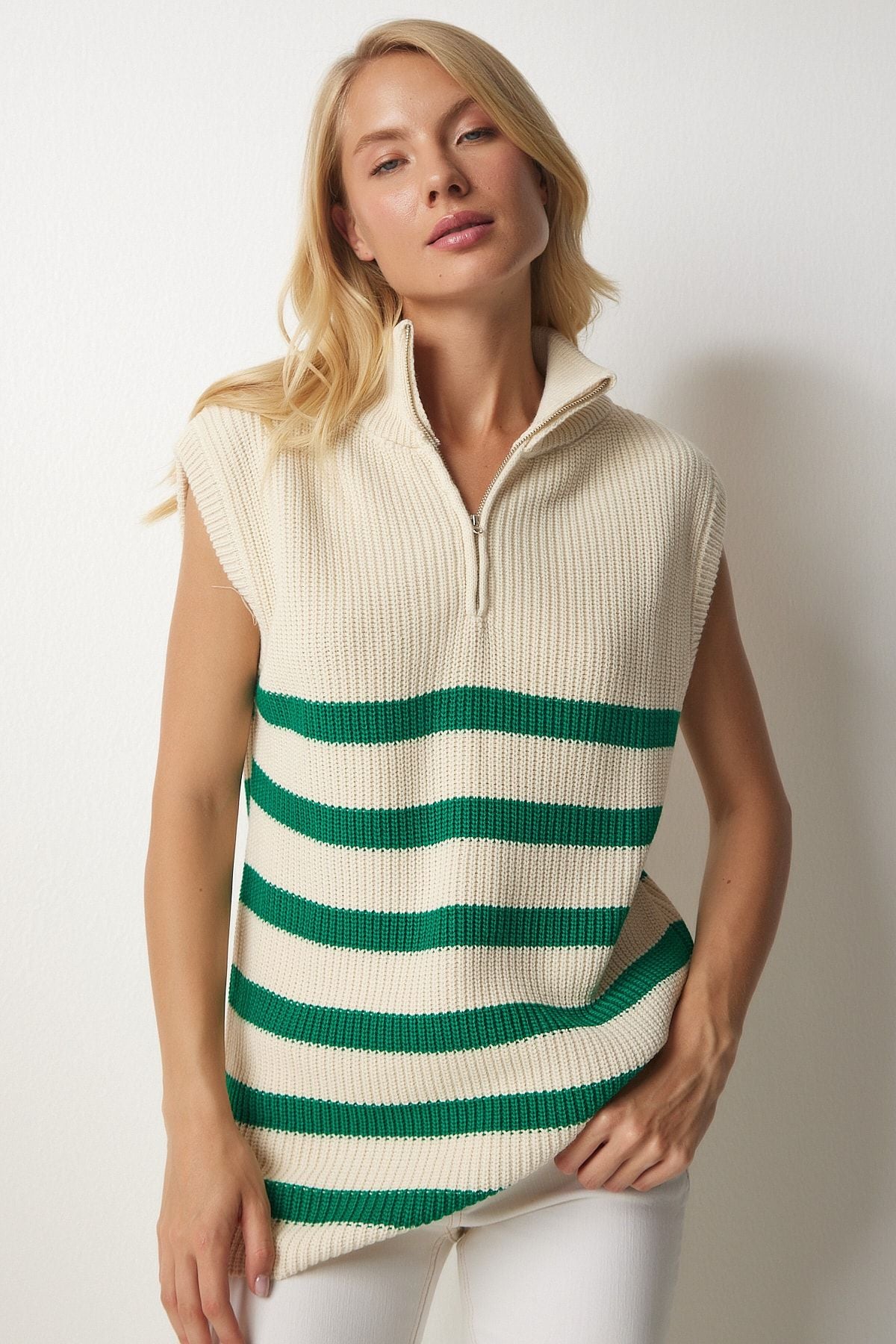 Women's Cream Green Zippered collar striped sweater MX00123