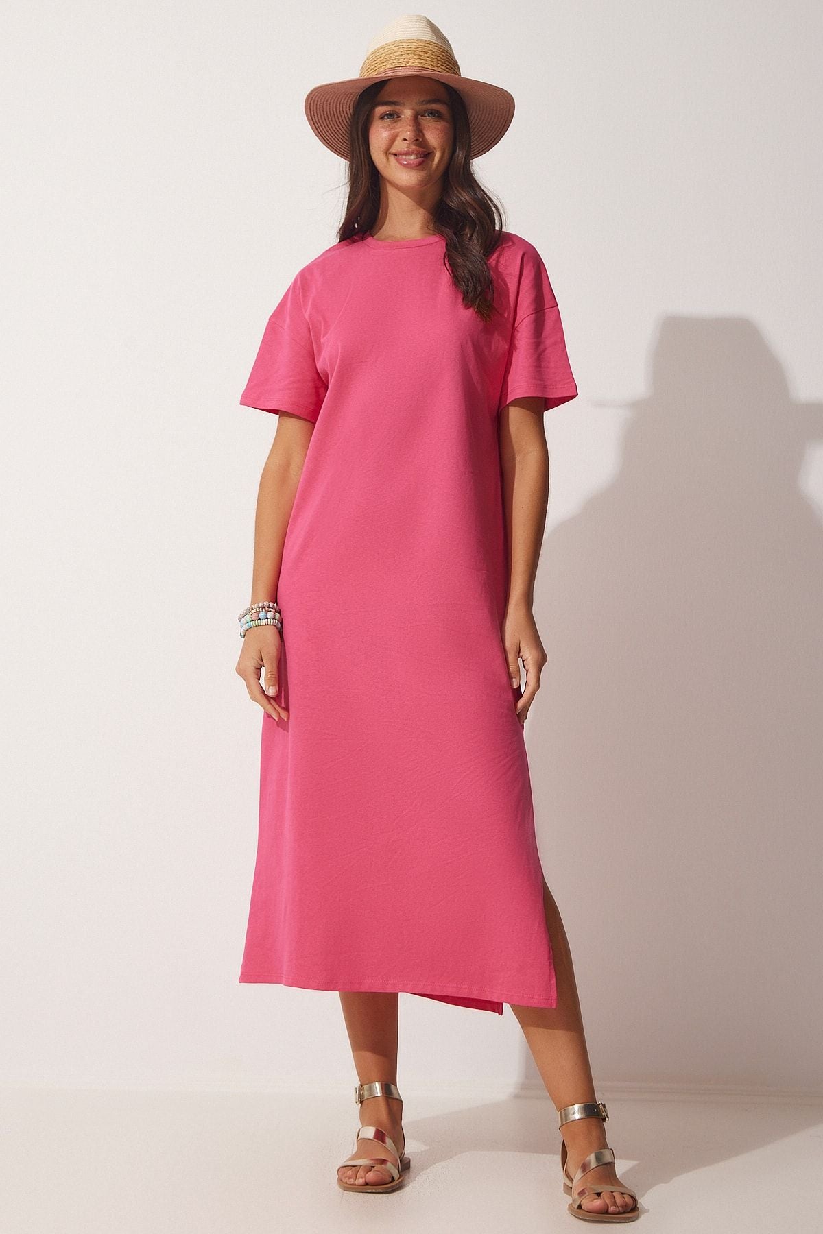 Woman Pink Cotton Summer Daily Combed Dress Ub00080