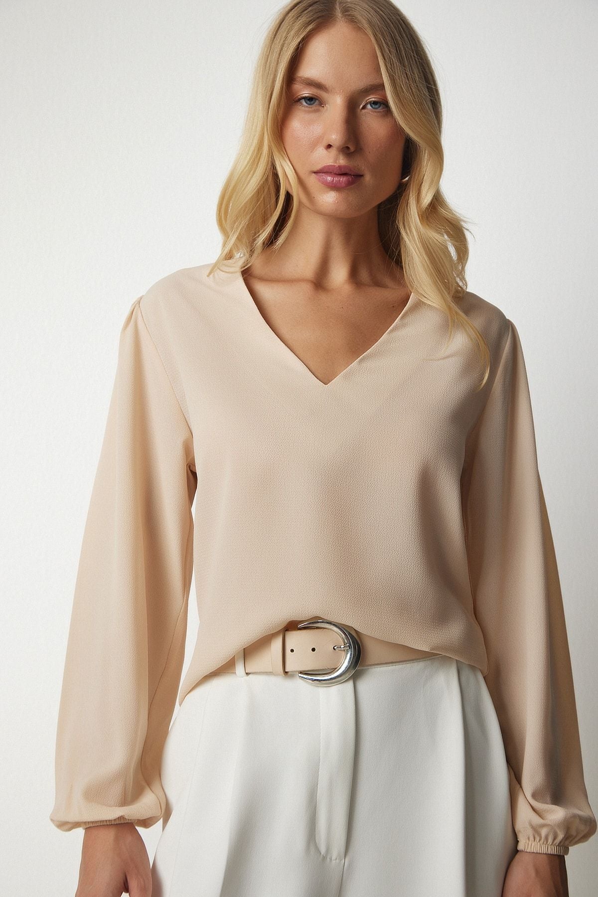 Female Beige V -Neck Crepe Blouse UB00153