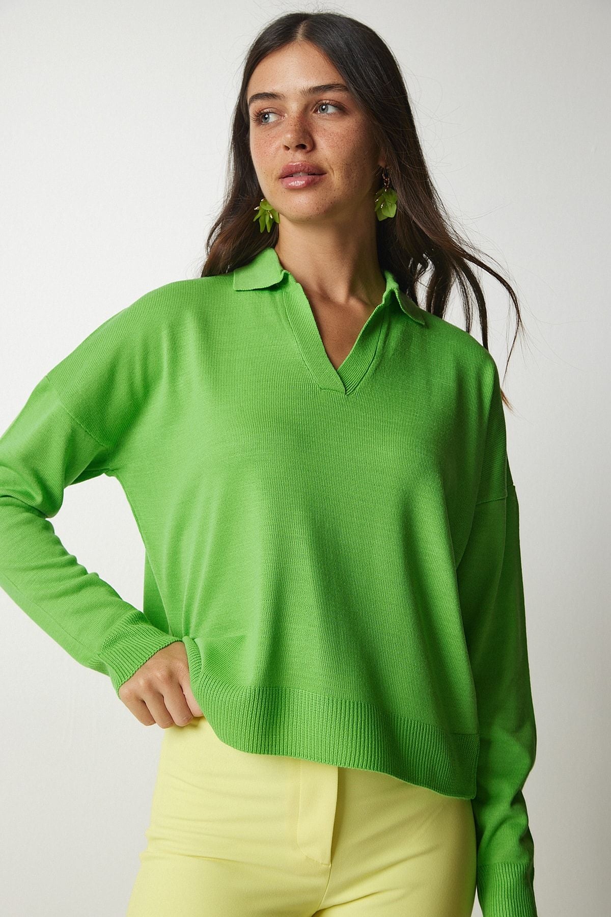 Woman Light Green Polo Yaka Basic Kazakh BV00094