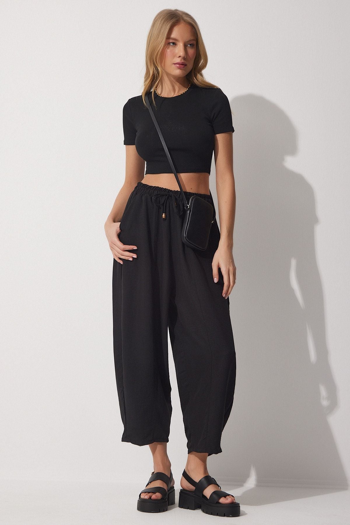 Female Live Black Pocket Linen Viscose Shalwar Pants CV00001