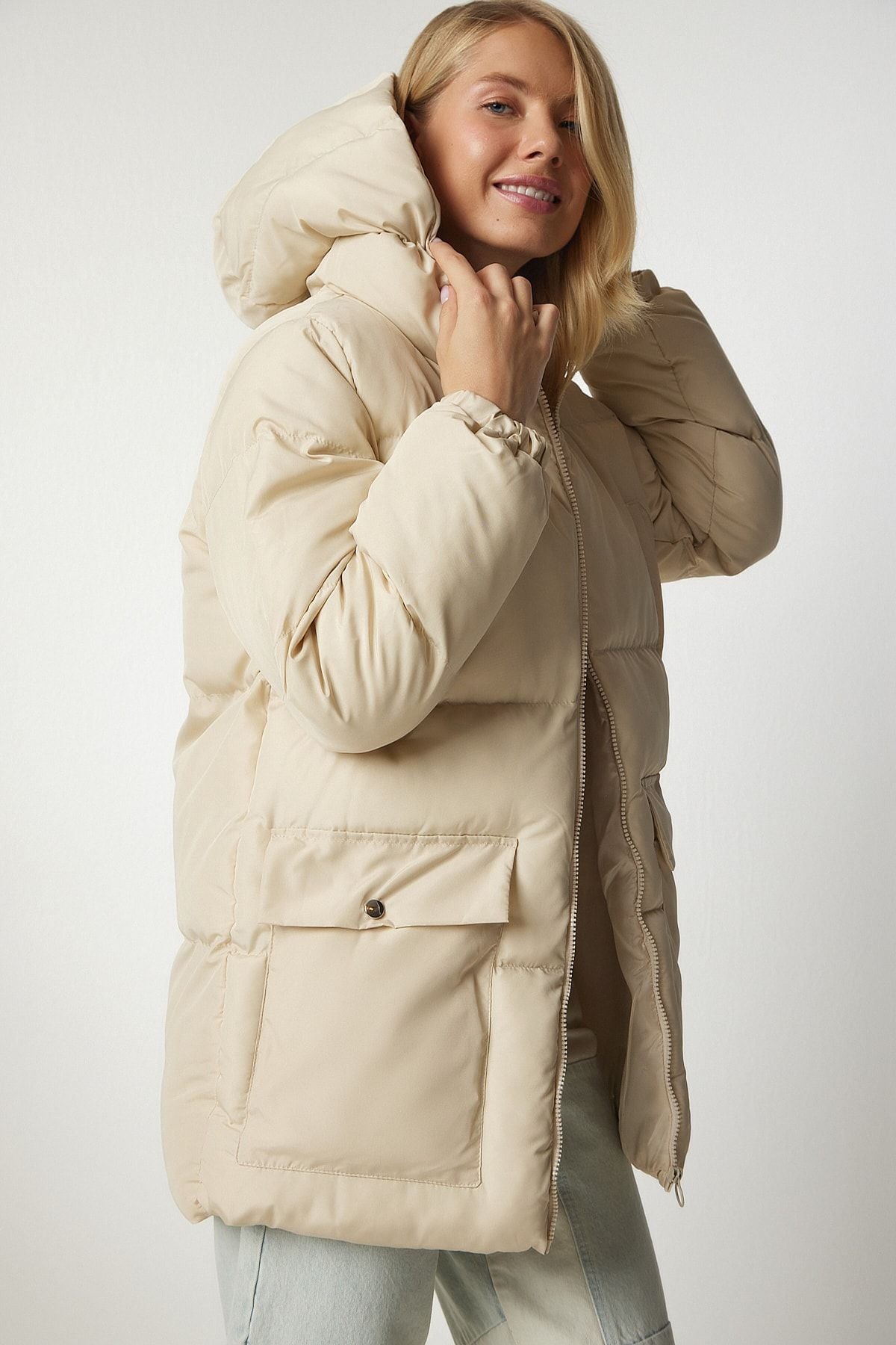Women's Cream Hooded Inflatable Coat HK00023