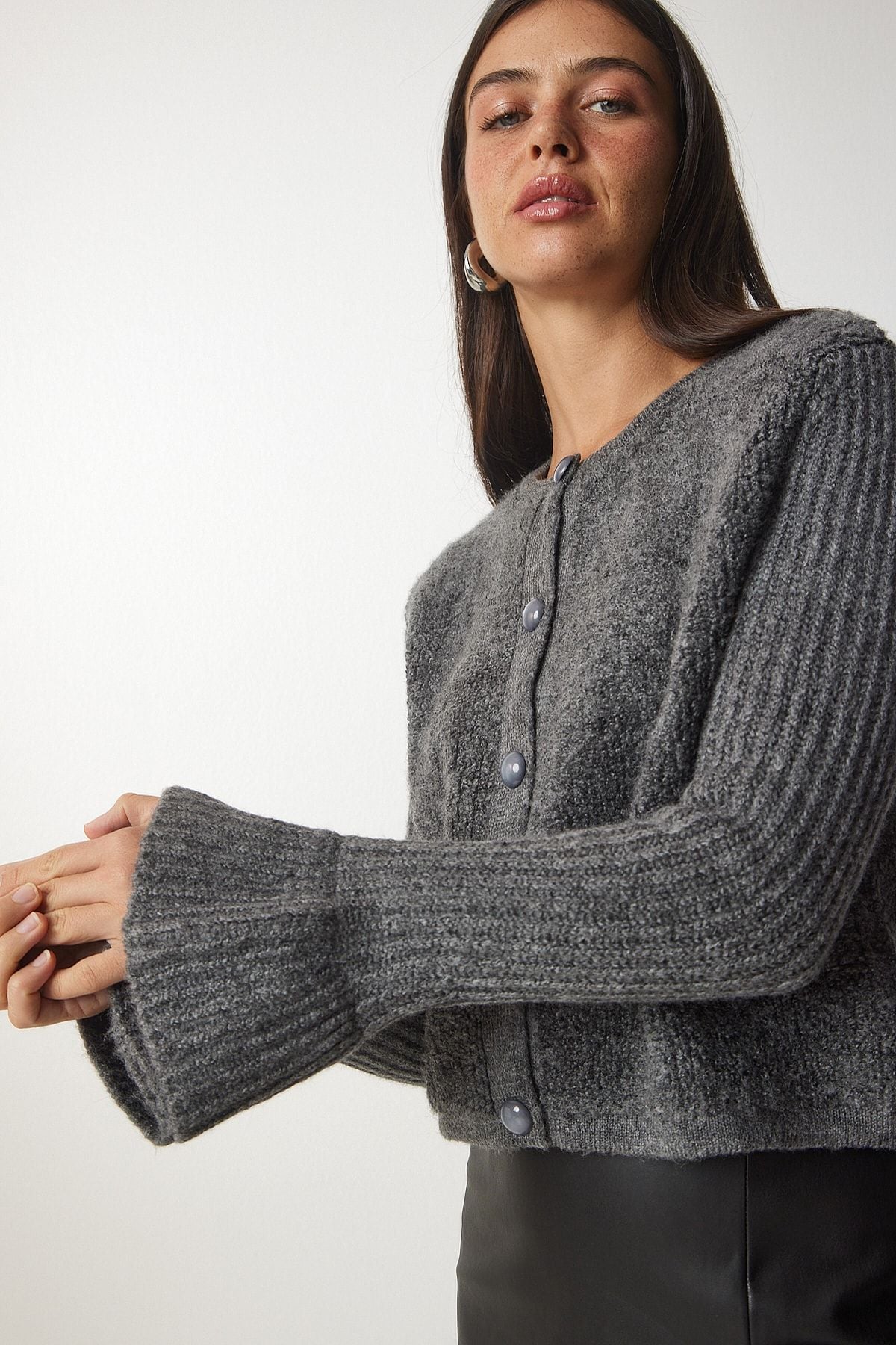 Female Gray Button Bouquet Triko Cardigan YY00152